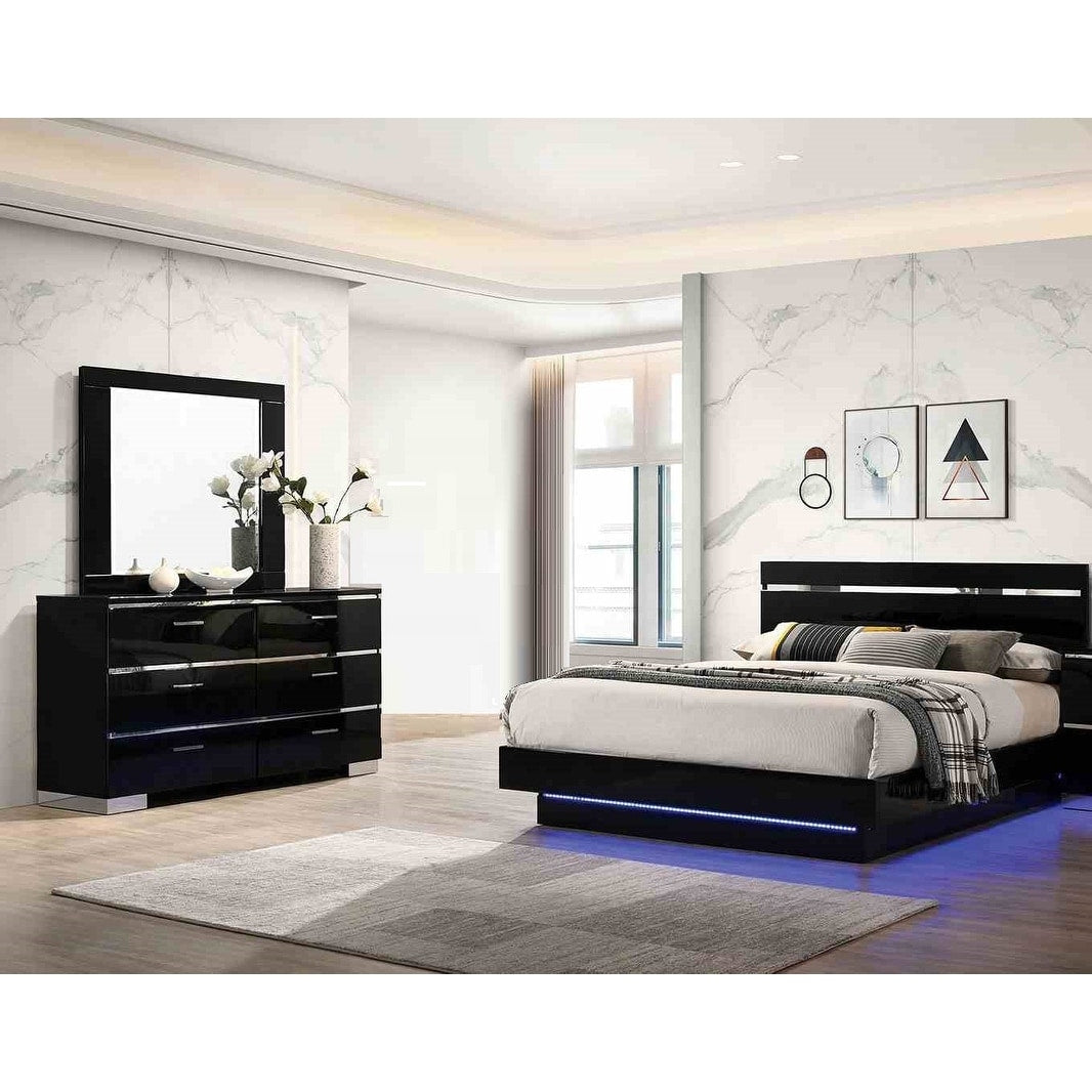 Glam 3Pc Black Bed Dresser Mirror W Led Light Bedroom Set