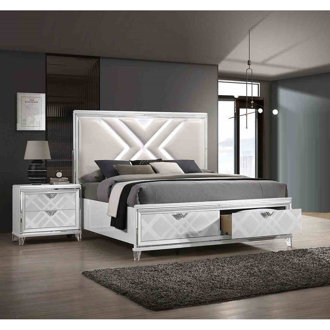 Glam 3Pc Drawers Bed Two Nightstand W Charging Port White Finish Bedroom Set