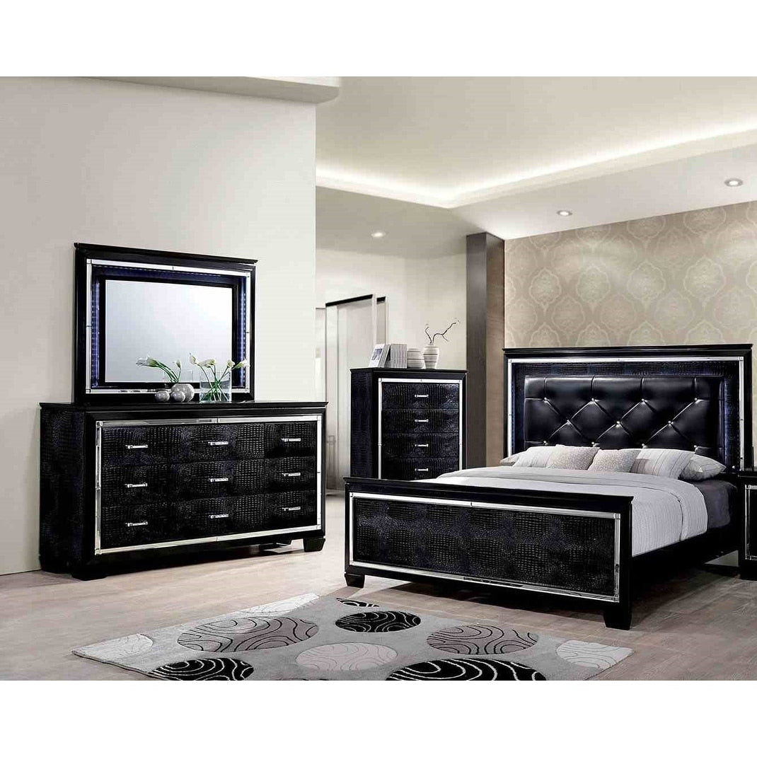 Glam 4Pc Black Finish Led Solid Wood Bedroom Furniture Set