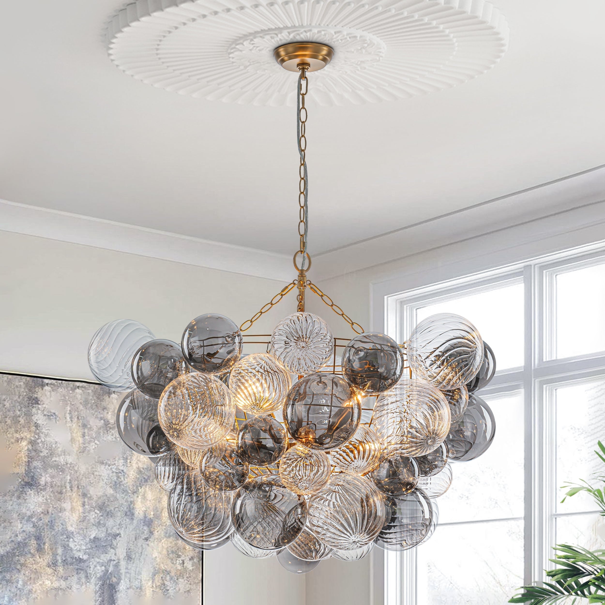 Glam 8 Light Textured Swirl And Smoked Glass Bubble Living Chandelier 32.7 In