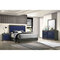 Glam Ash Gray And Indigo Blue Finish 4Pc Bedroom Set Bed Nightstand Mirror Dresser
