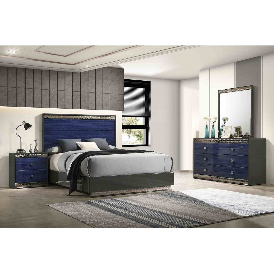 Glam Ash Gray And Indigo Blue Finish 4Pc Bedroom Set Bed Nightstand Mirror Dresser