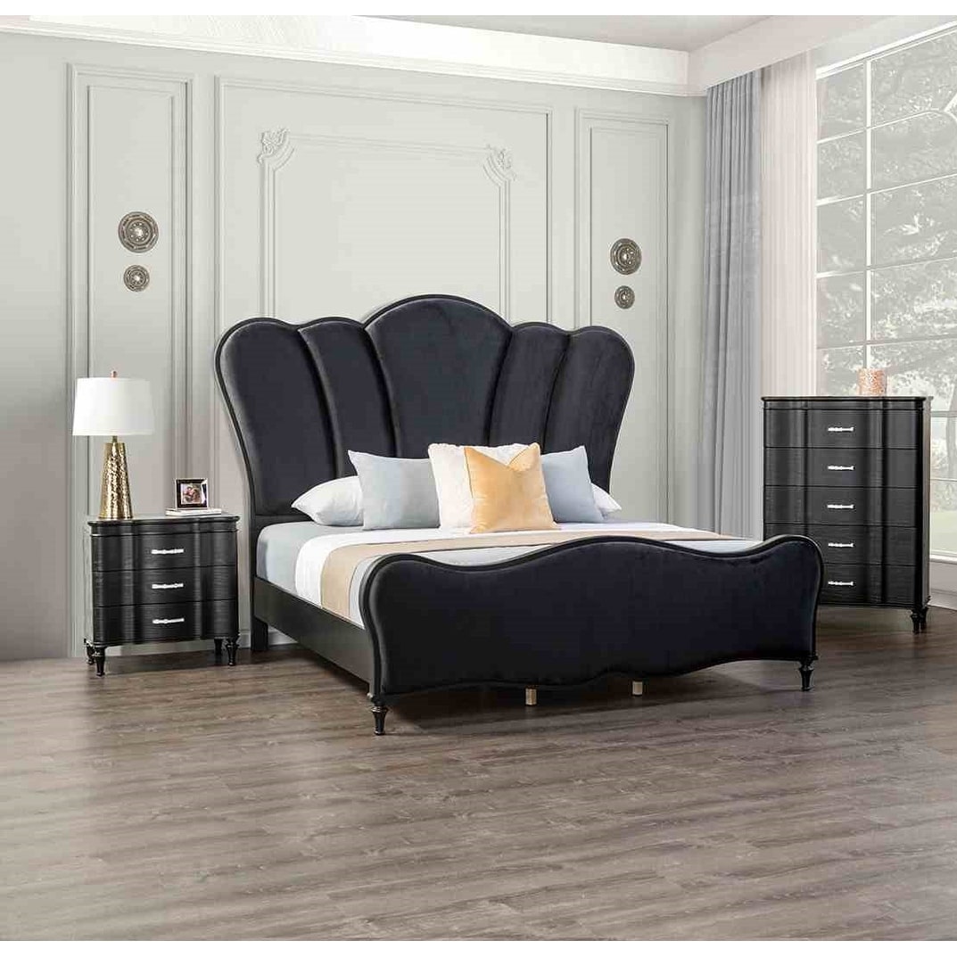 Glam Black Finish Padded Solid Wood 3Pc Bedroom Set