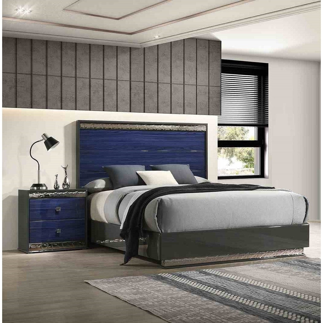 Glam Blue Finish Platform Bed 2X Nightstands Bedroom Set
