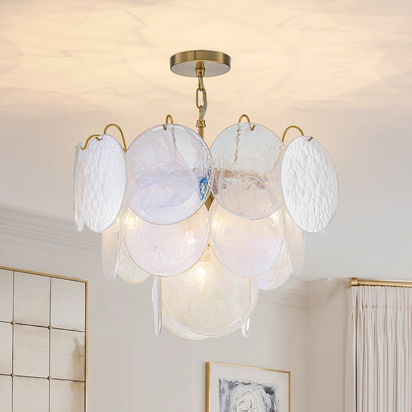 Glam Brass Tiered Pearlescent Milky Misty Glass Round Chandelier 20.1 Inches