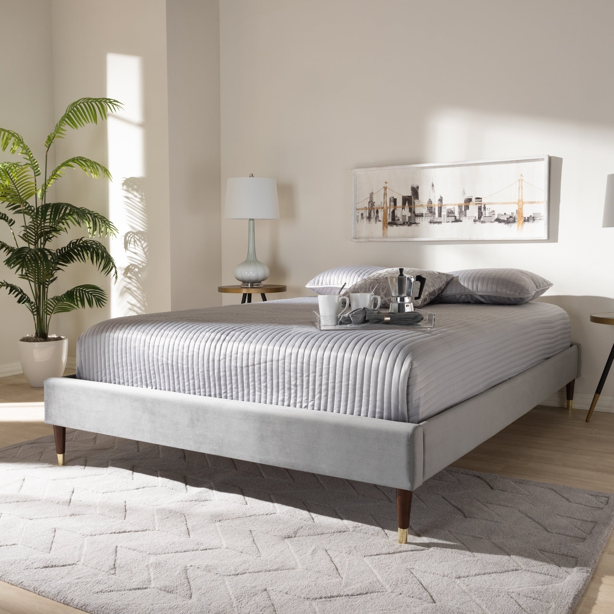 Glam Fabric Platform Bed Frame With Gold Tone Leg Tips