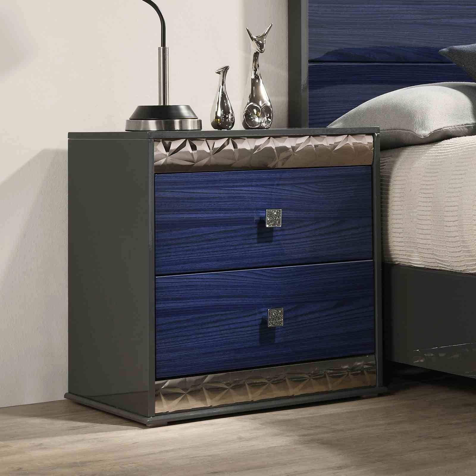 Glam Nightstand Ash Gray Indigo Blue Finish With Chrome Molding