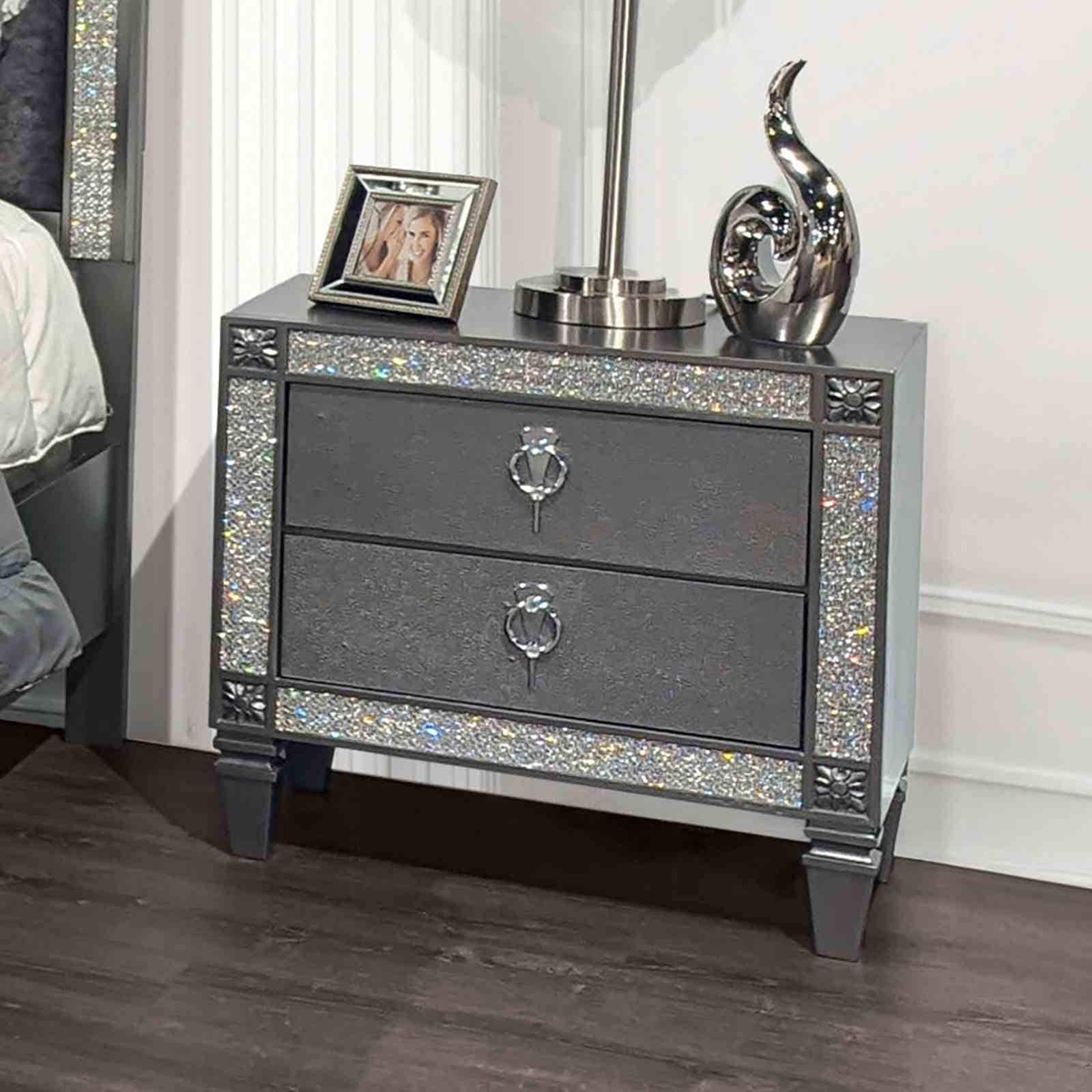 Glam Nightstand Gray Finish With Nickel Ring Pulls Tapered Legs