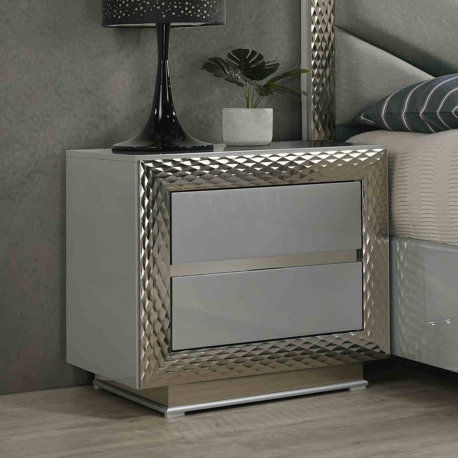 Glam Nightstand Gray Finish With Plinth Base Silver Molding