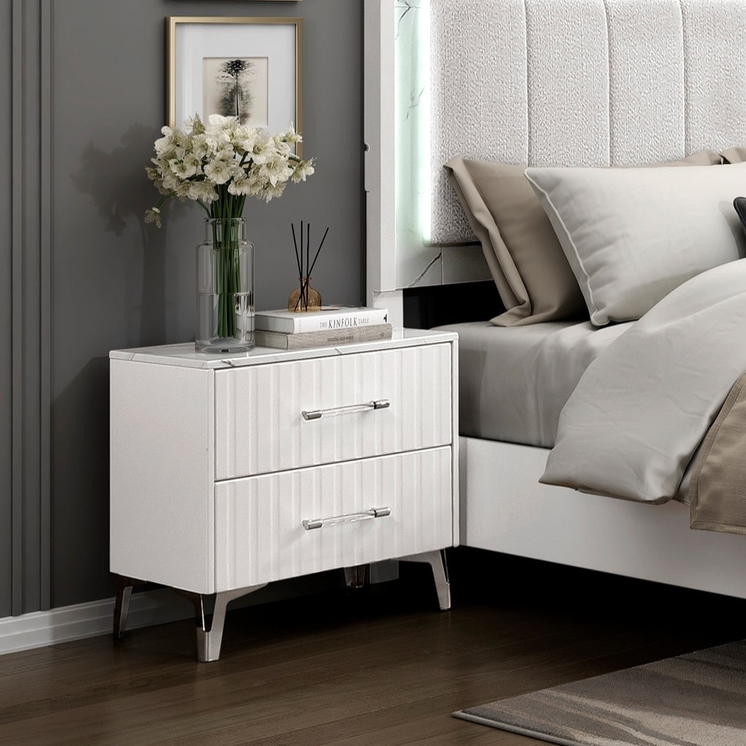 Glam Nightstand White Faux Marble Top With Chrome Legs 2 Drawers