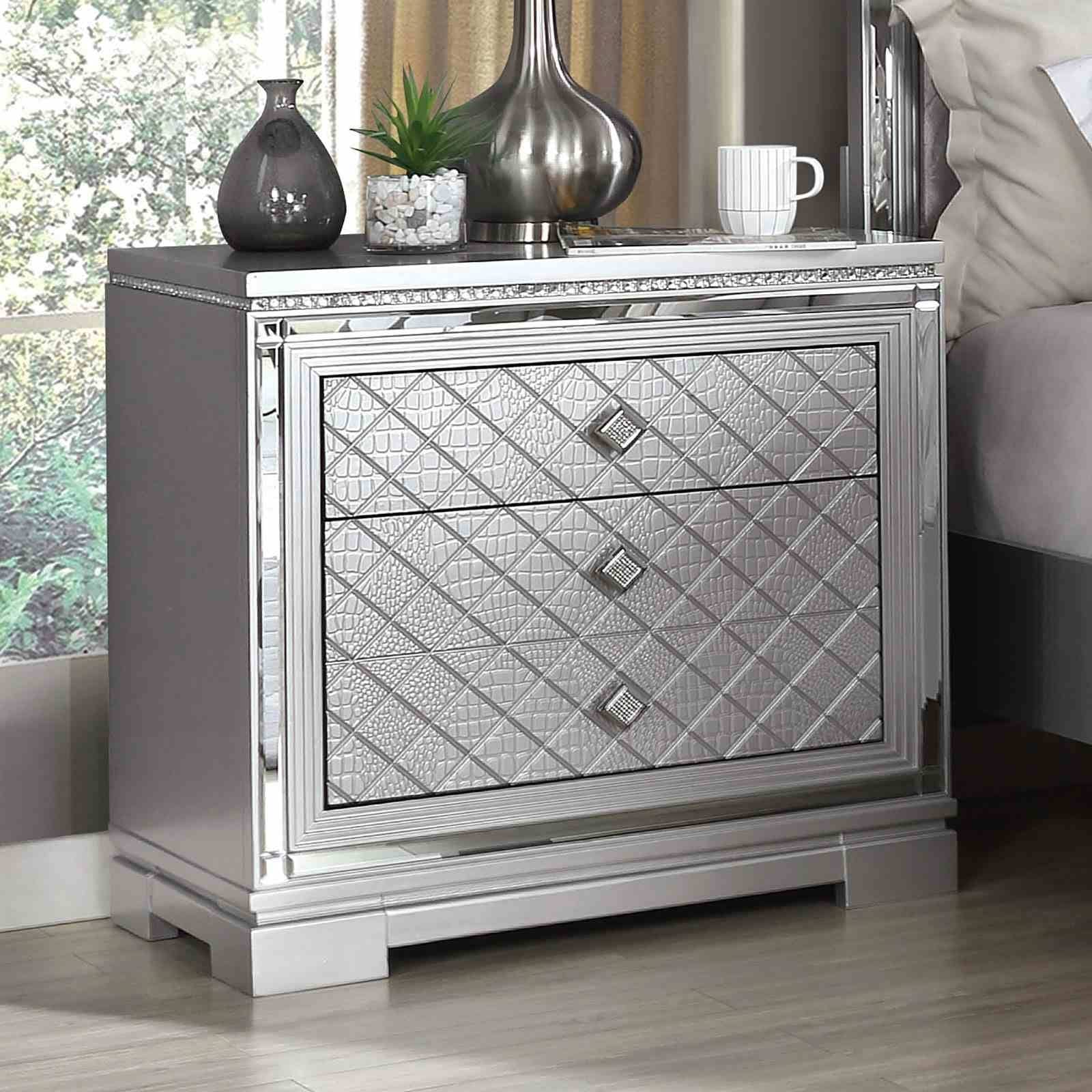 Glam Nightstand With Usb Port Hidden Jewelry Drawer Silver Finish