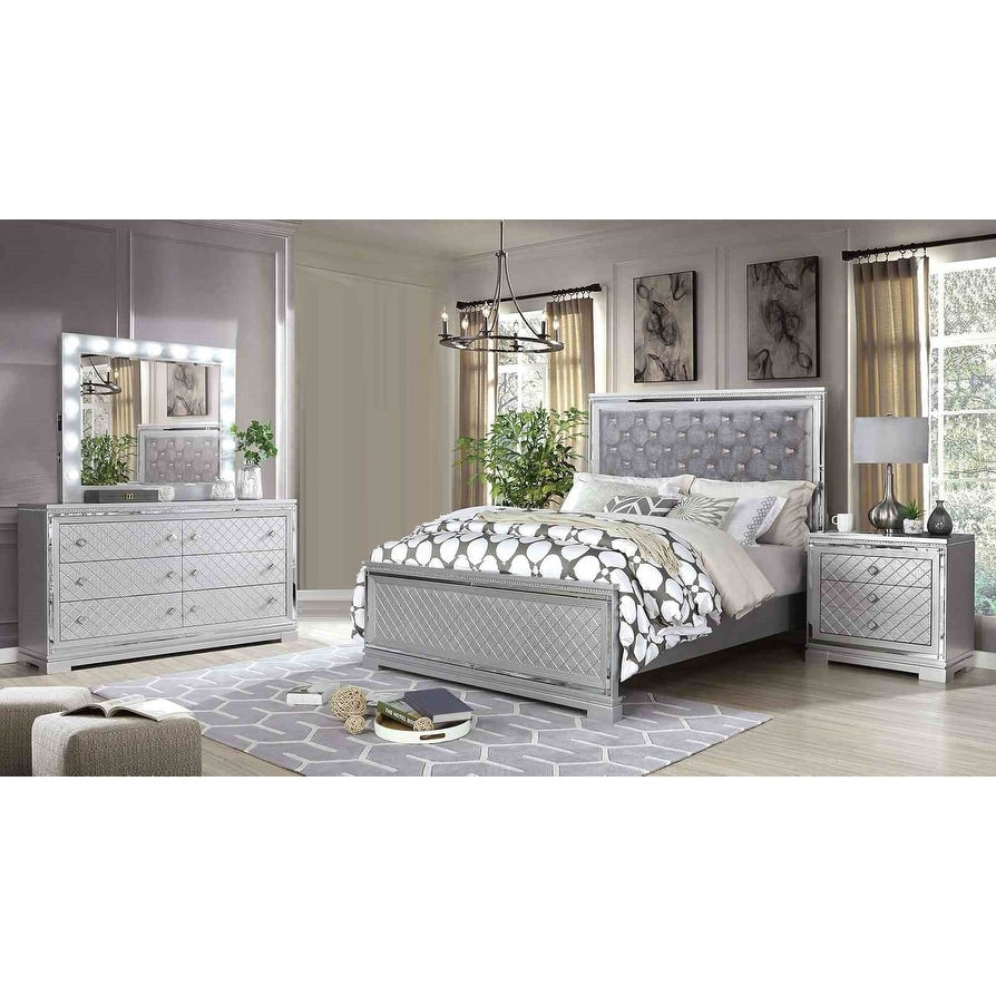 Glam Silver Finish 4 Piece Bedroom Set Bed Mirror Dresser Nightstand