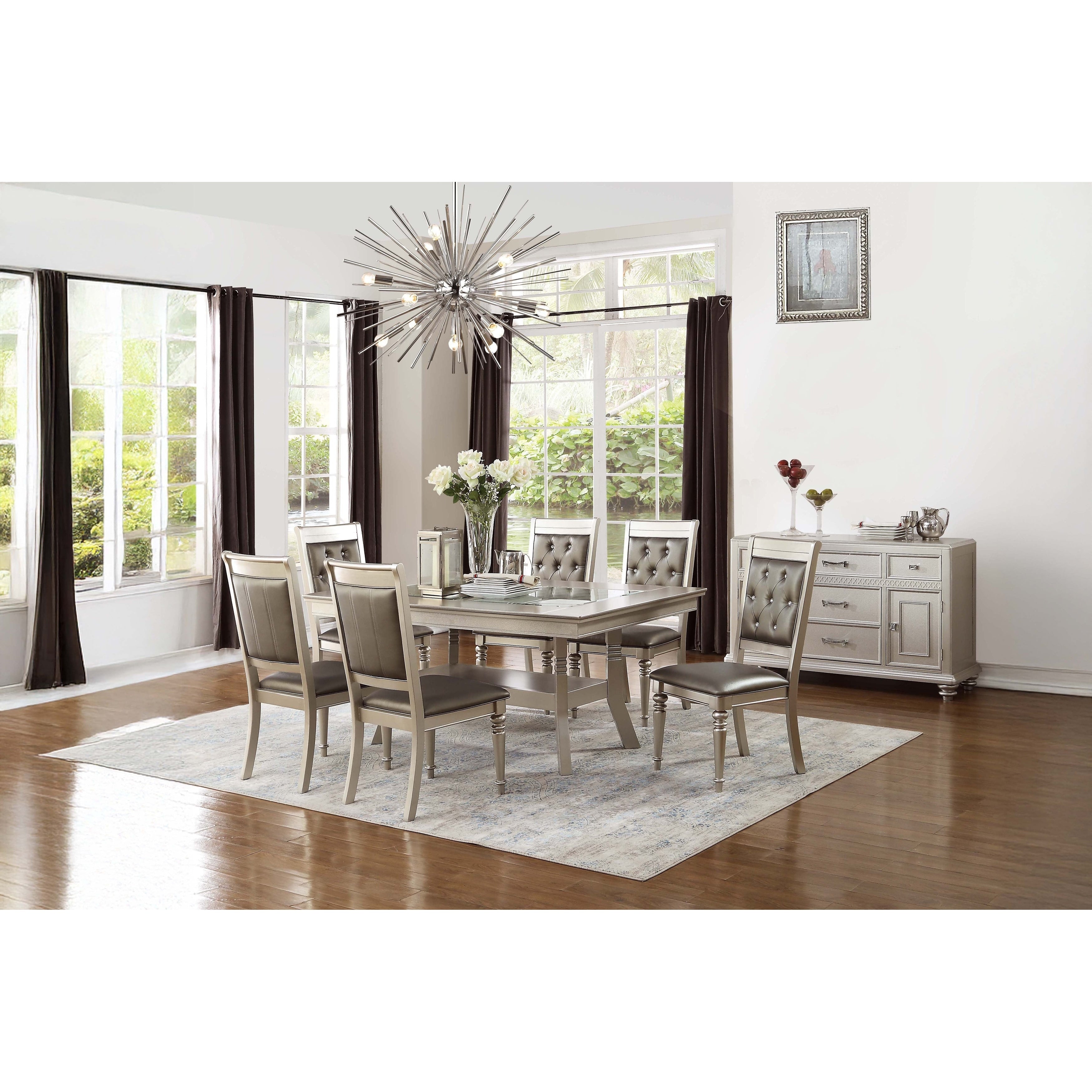 Glam Style 7Pc Dining Table Set 5Mm Glass Table Top Silver Finish