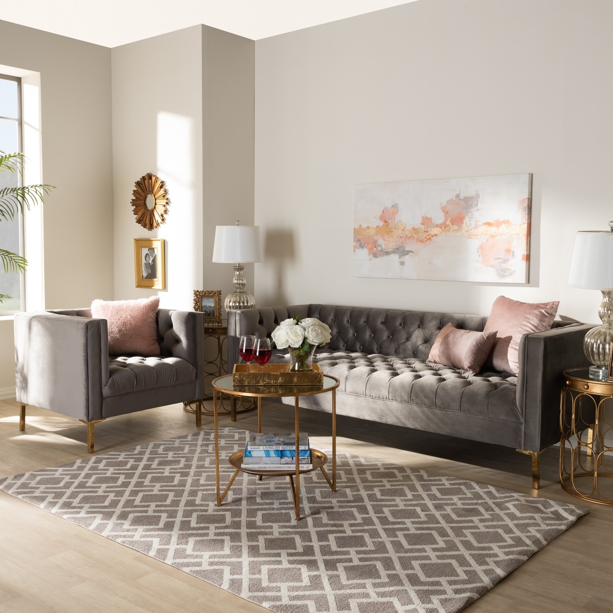 Glam Velvet And Gold Finished 2 Piece Sofa And Lounge Chair Set