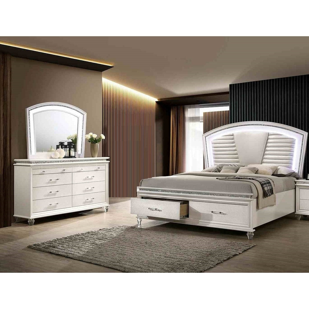 Glam White Footboard Drawers Bed Dresser Mirror W Led 3Pc Bedroom Set