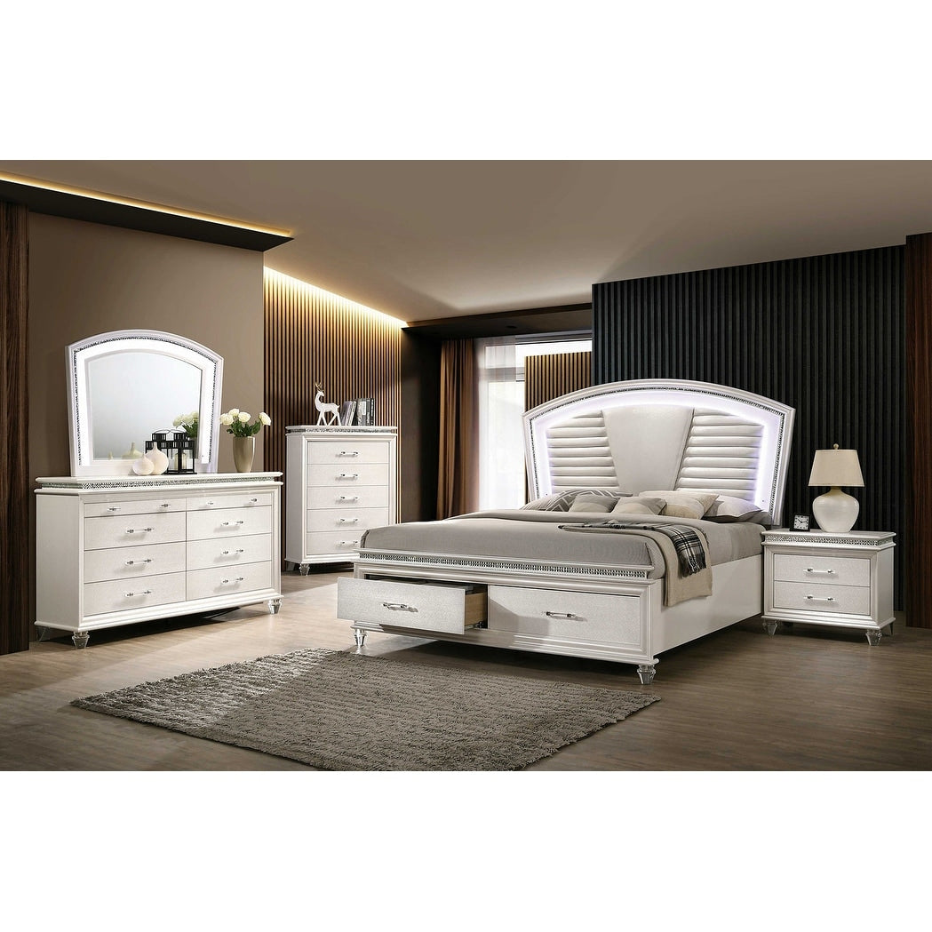 Glam White Upholstered Led Bed Dresser Mirror Nightstand Chest Bedroom Set