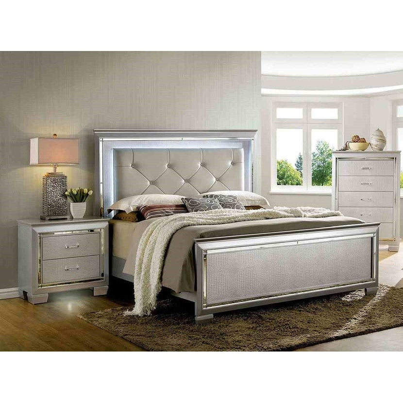 Glamorous Bedroom Furniture Set Silver Finish Led Lighting 3Pc