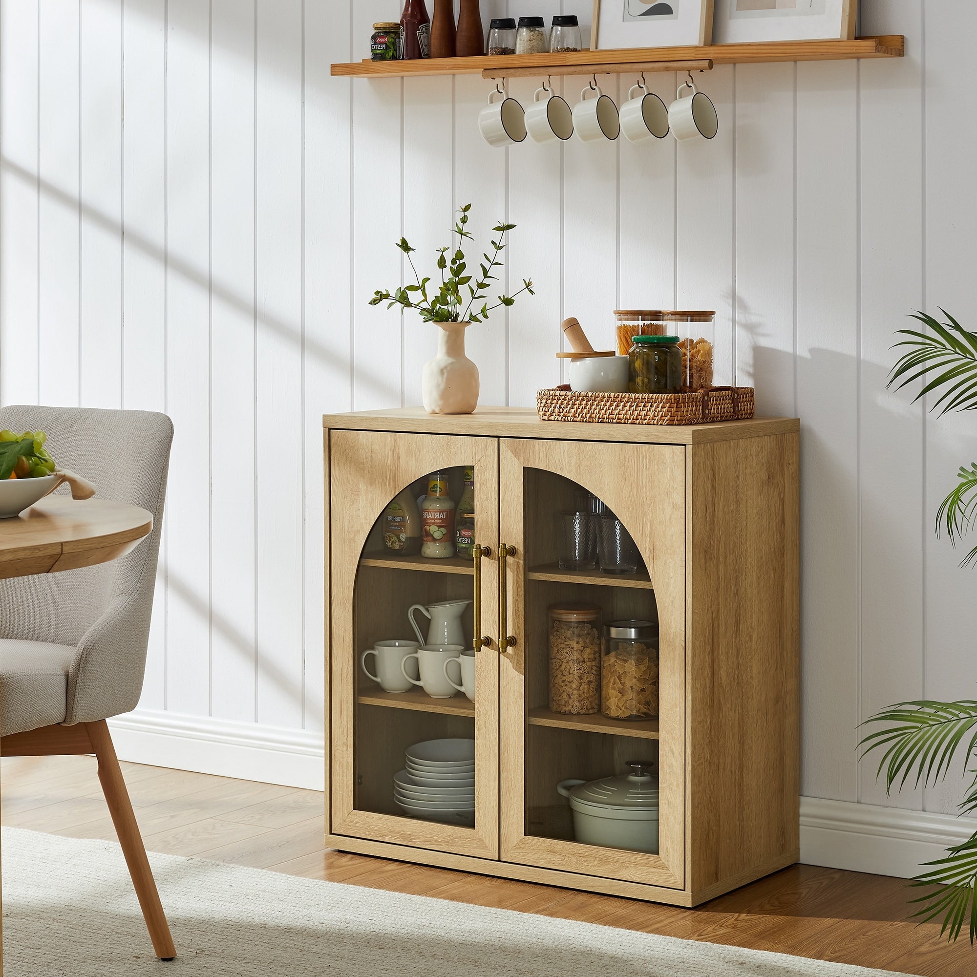 Glass Arched Door Buffet Cabinet Wood Sideboard With Adjustable Shelf