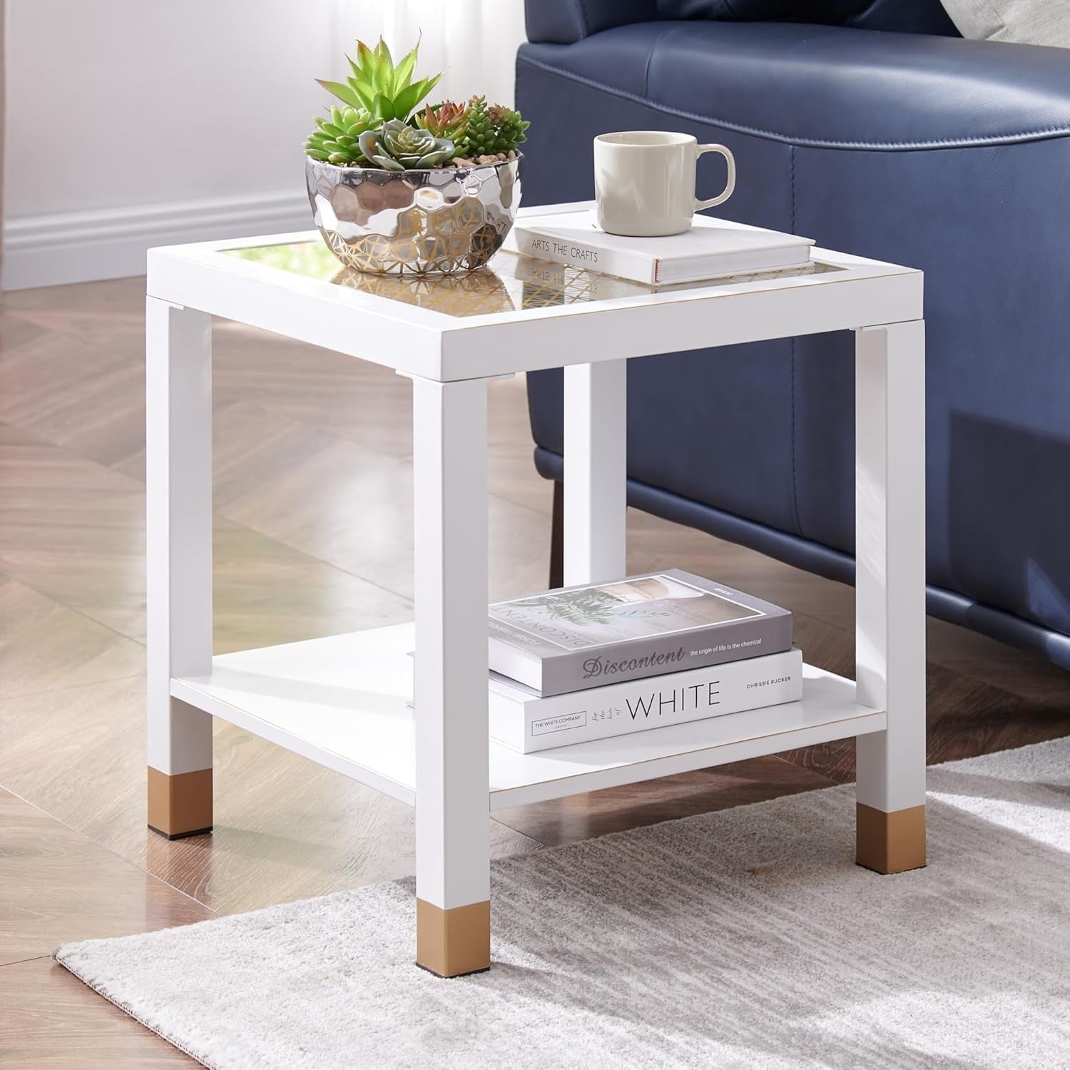 Glass End Table Modern Style Side Table Square Table For Living Room Tempered Glass With Metal Frame 2 Layer