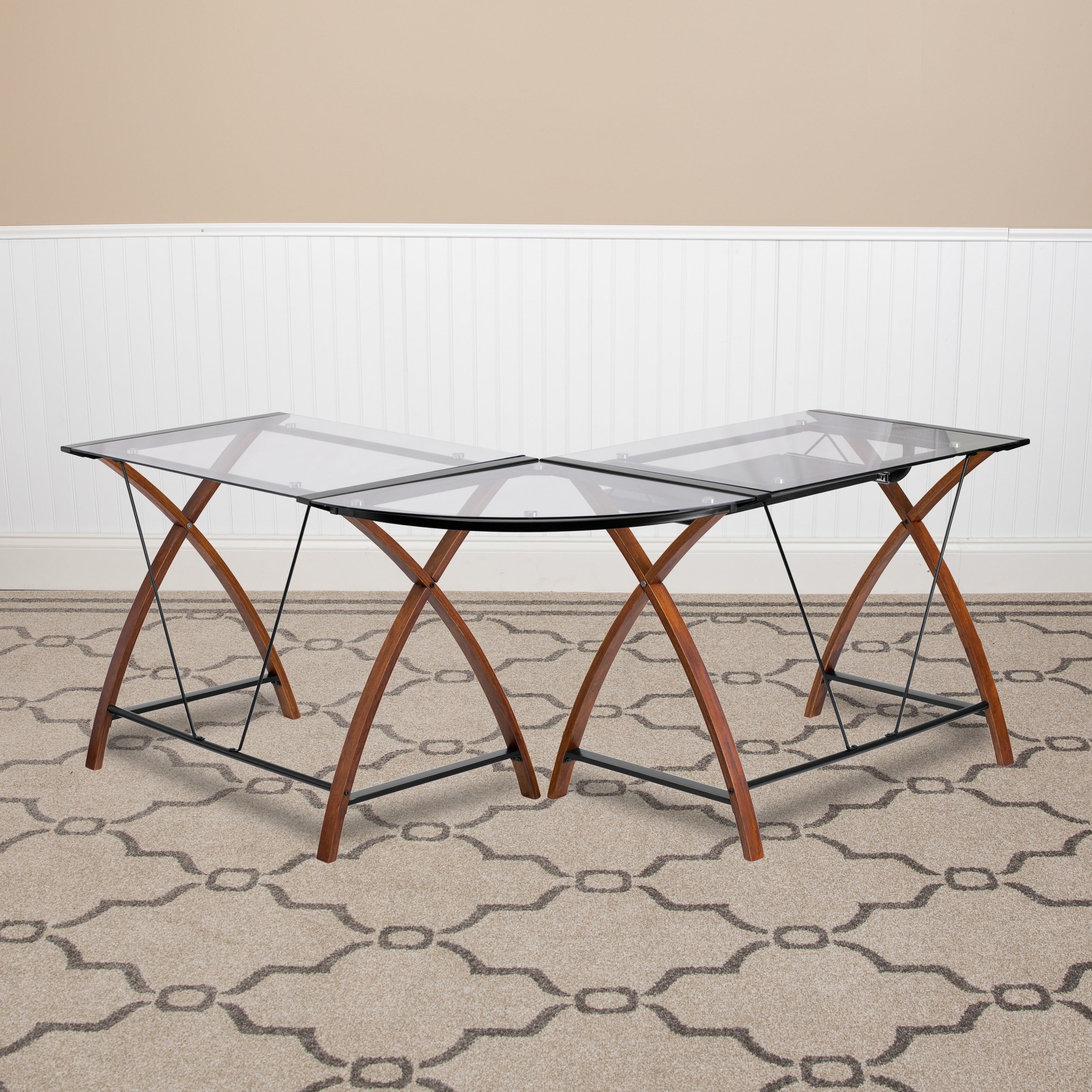 Porch Den Blue Water Glass L Shape Desk With Pull Out Keyboard