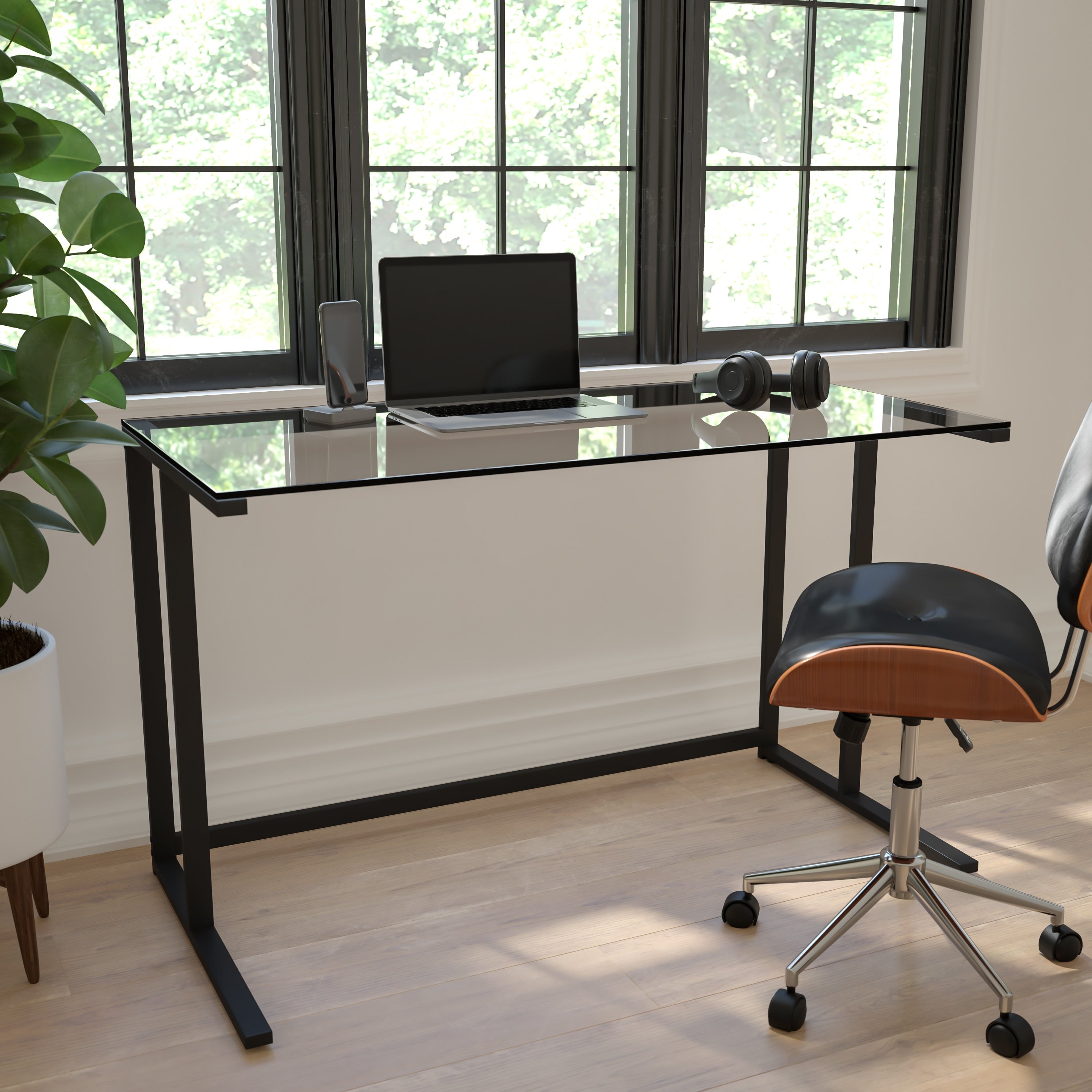 Flash Furniture Glass Desk With Black Pedestal Frame