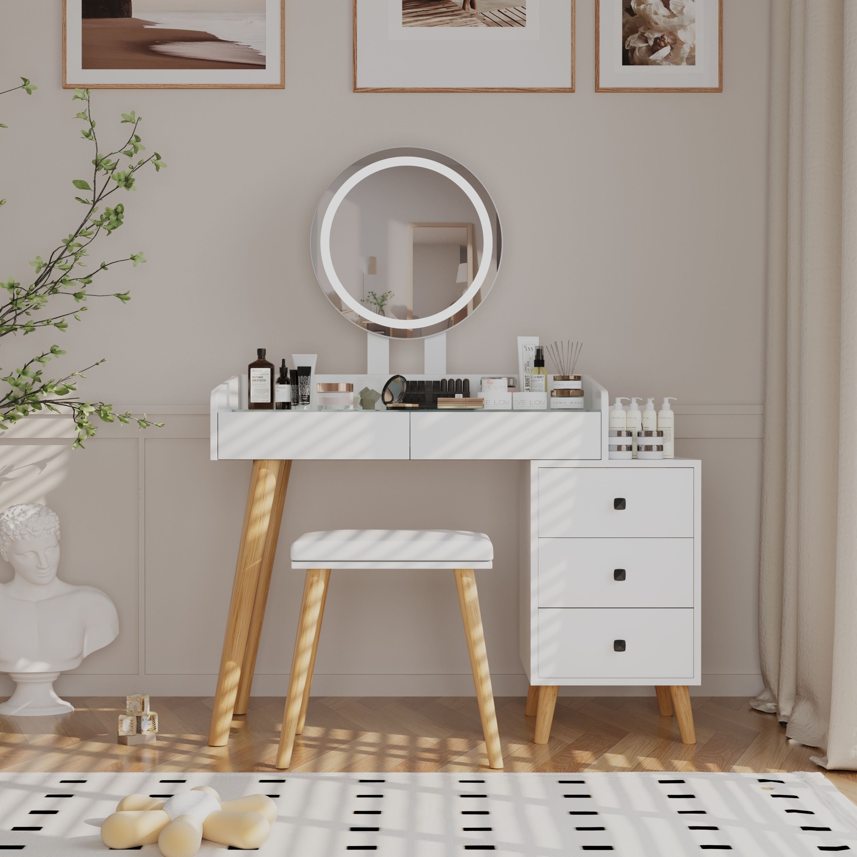 Glass Top Dressing Table With Led Lights Extendable Side Table 5 Drawers Dressing Table With Mirror And Stool For Bedroom