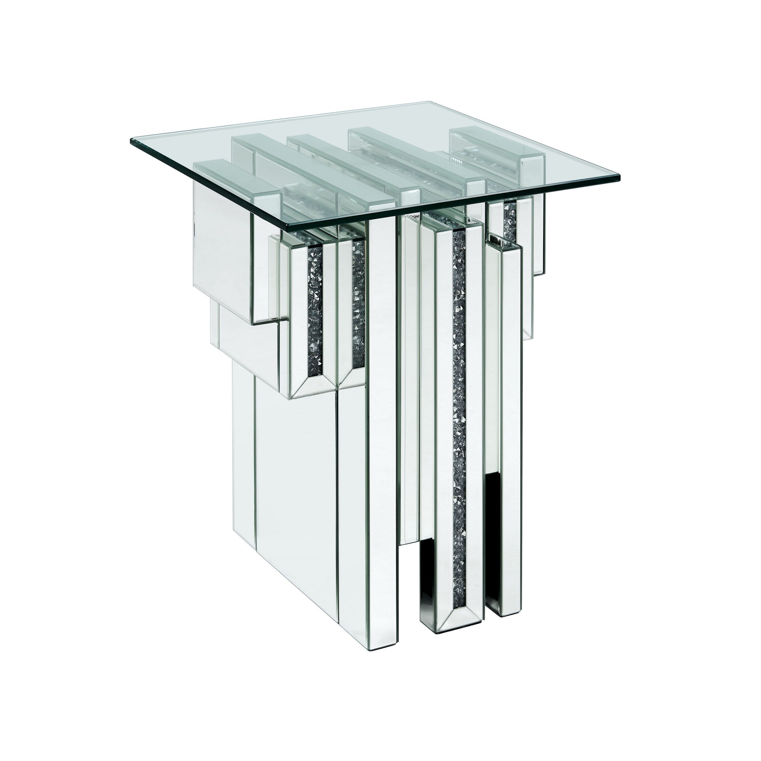 Glass Top End Table With Mirror Panels And Faux Gemstone Accents Silver