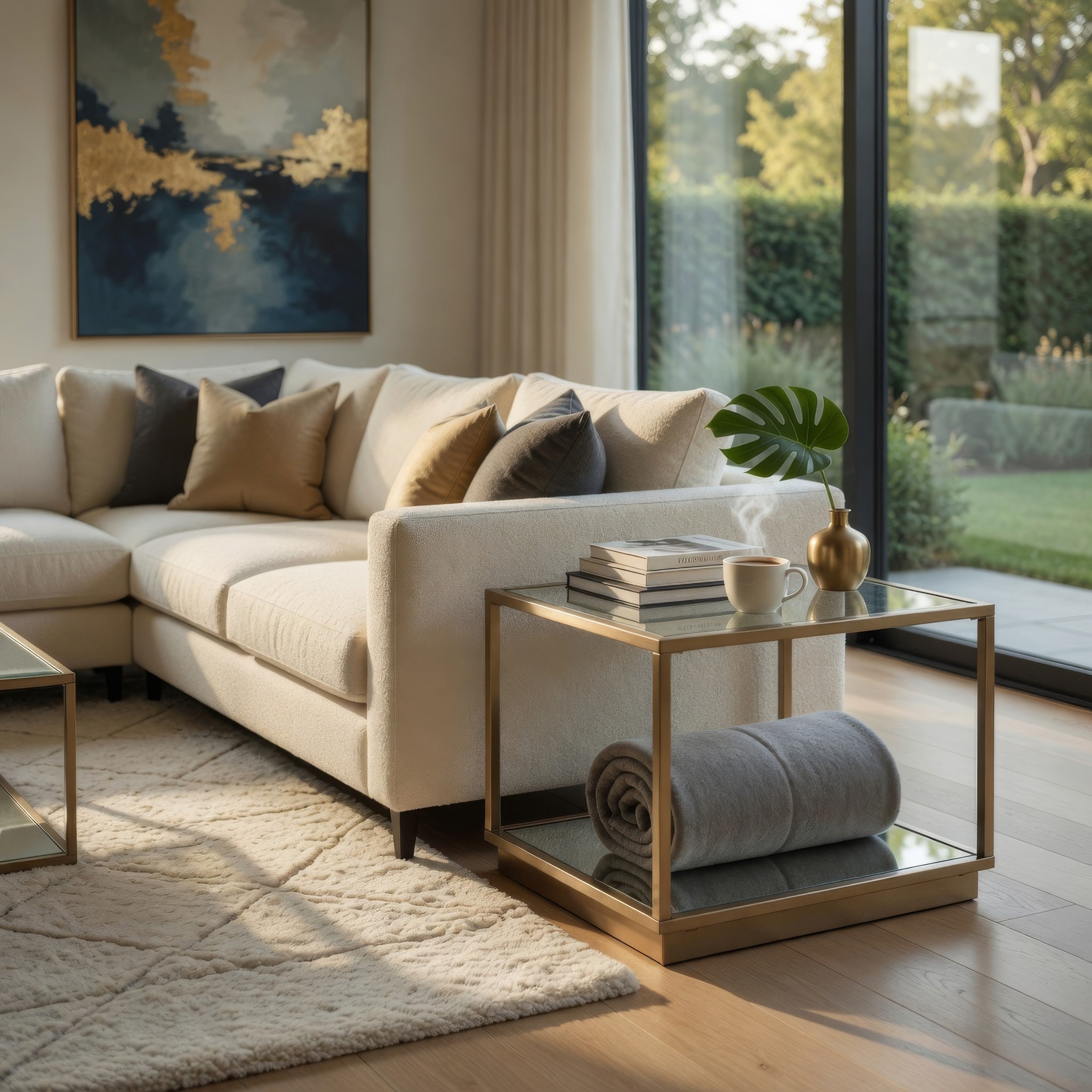 Glass Top Square Contemporary Table With Tubular Metal Base Gold