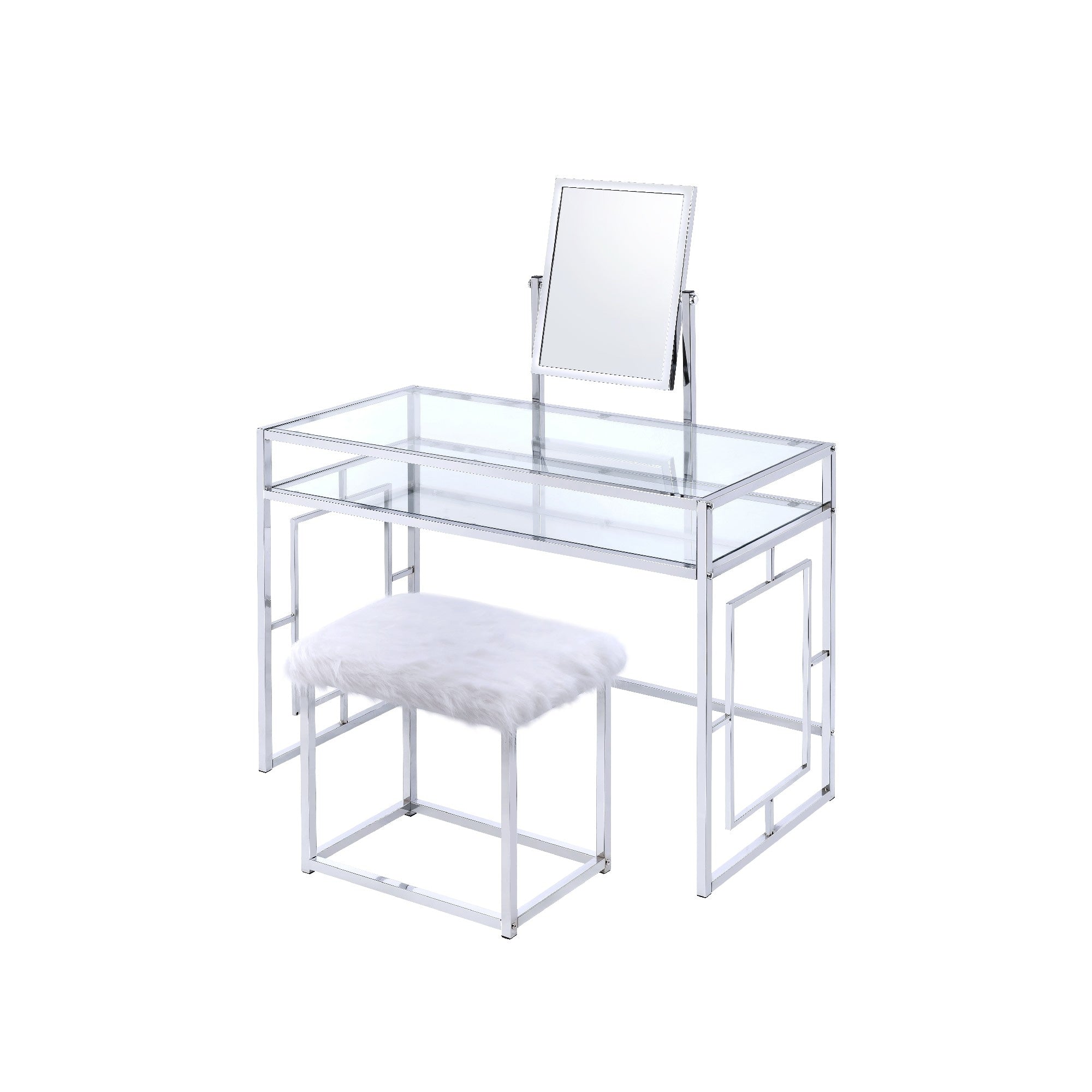 Glass And Metal Vanity Set With Fabric Stool White And Silver