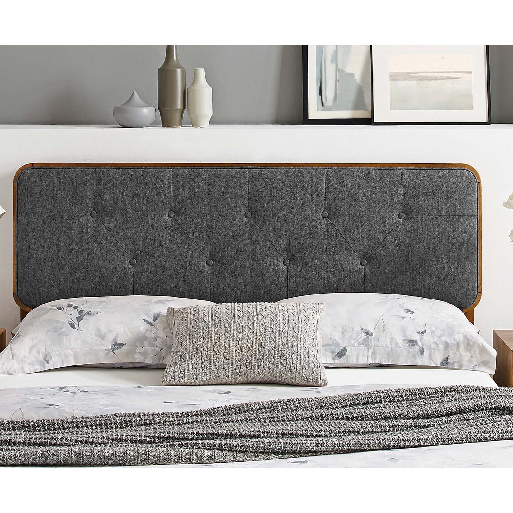 Glendale Traditional Charcoal Fabric Button Tufted Full Size Walnut Wooden Headboard