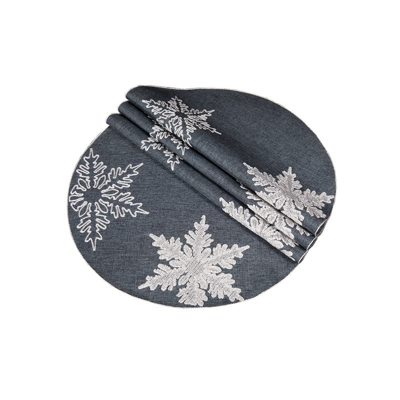 Glisten Snowflake Embroidered Christmas Round Placemats 16 Inch Round Set Of 4 Grey