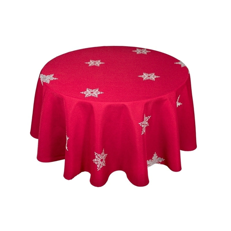 Glisten Snowflake Embroidered Christmas Round Tablecloth 70 Inch Red