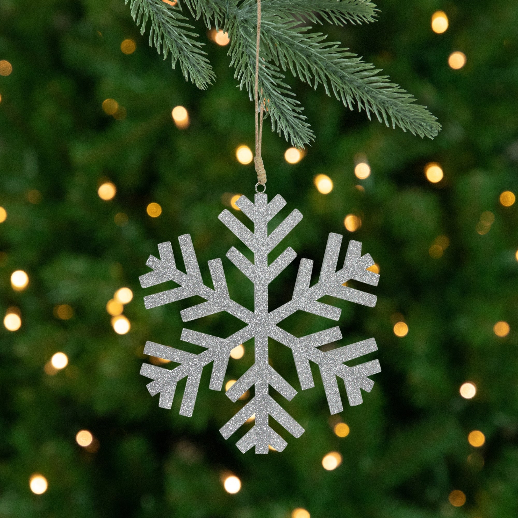 8.75 Silver Glittered Wooden Snowflake Shaped Christmas Ornament
