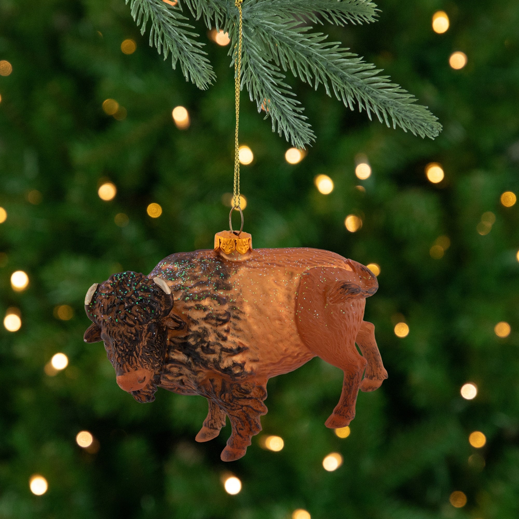 3.5 Brown And Black Bison Buffalo Glass Christmas Ornament