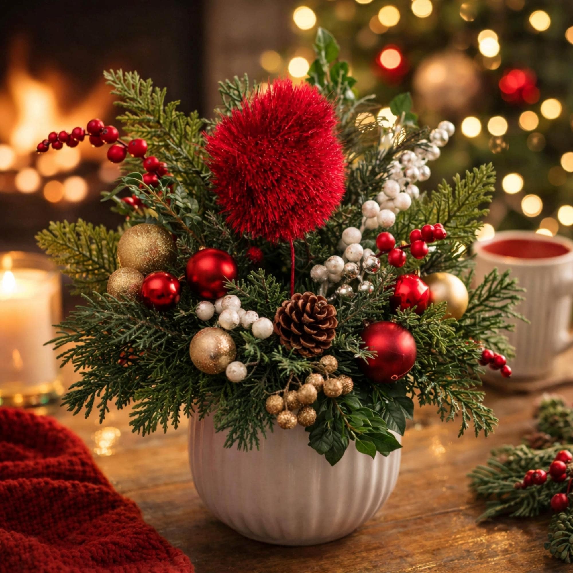 Glittered Pom Pom Christmas Pick Spray 10 Red
