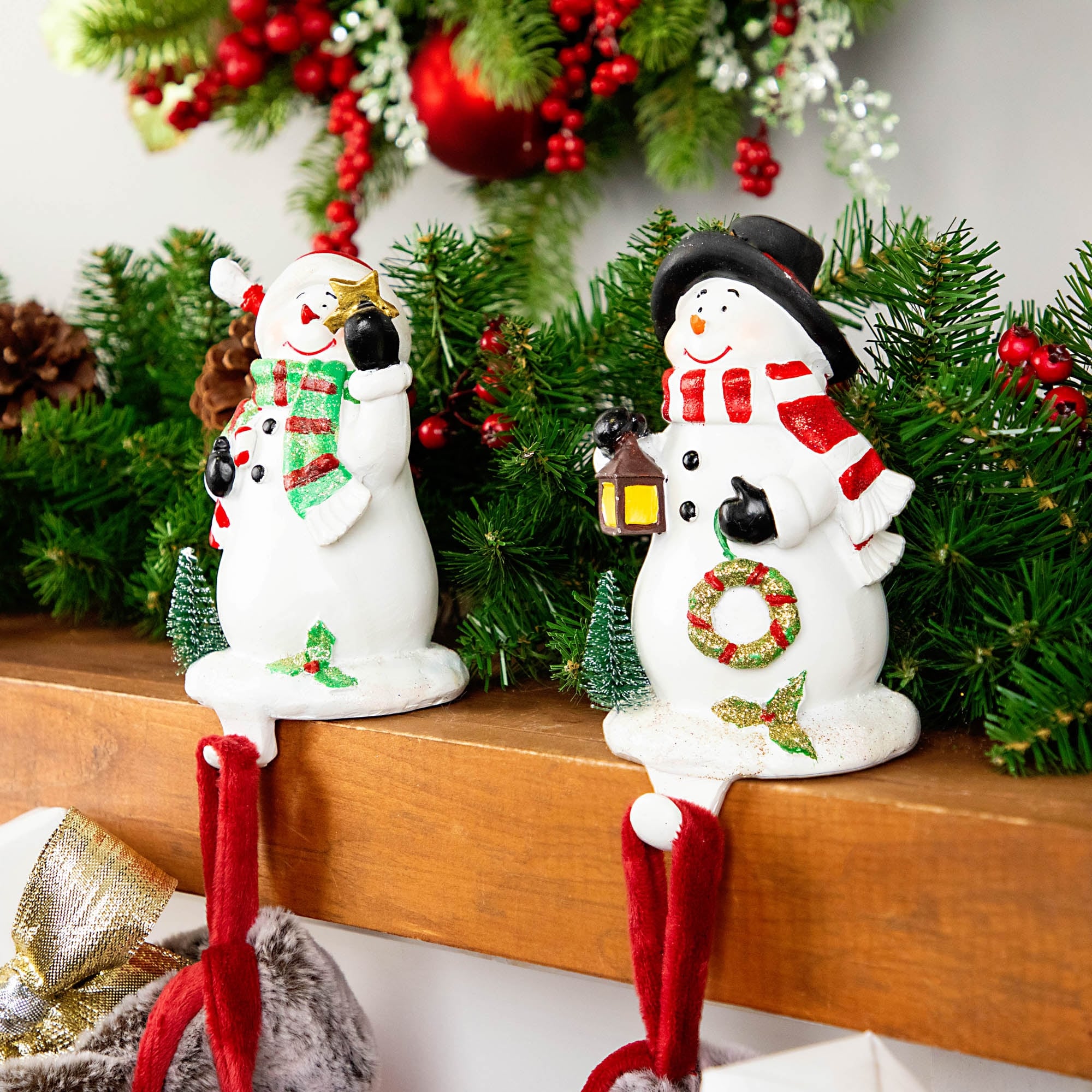 Set Of 2 Glitter Dusted Snowman Christmas Stocking Holders 7.25