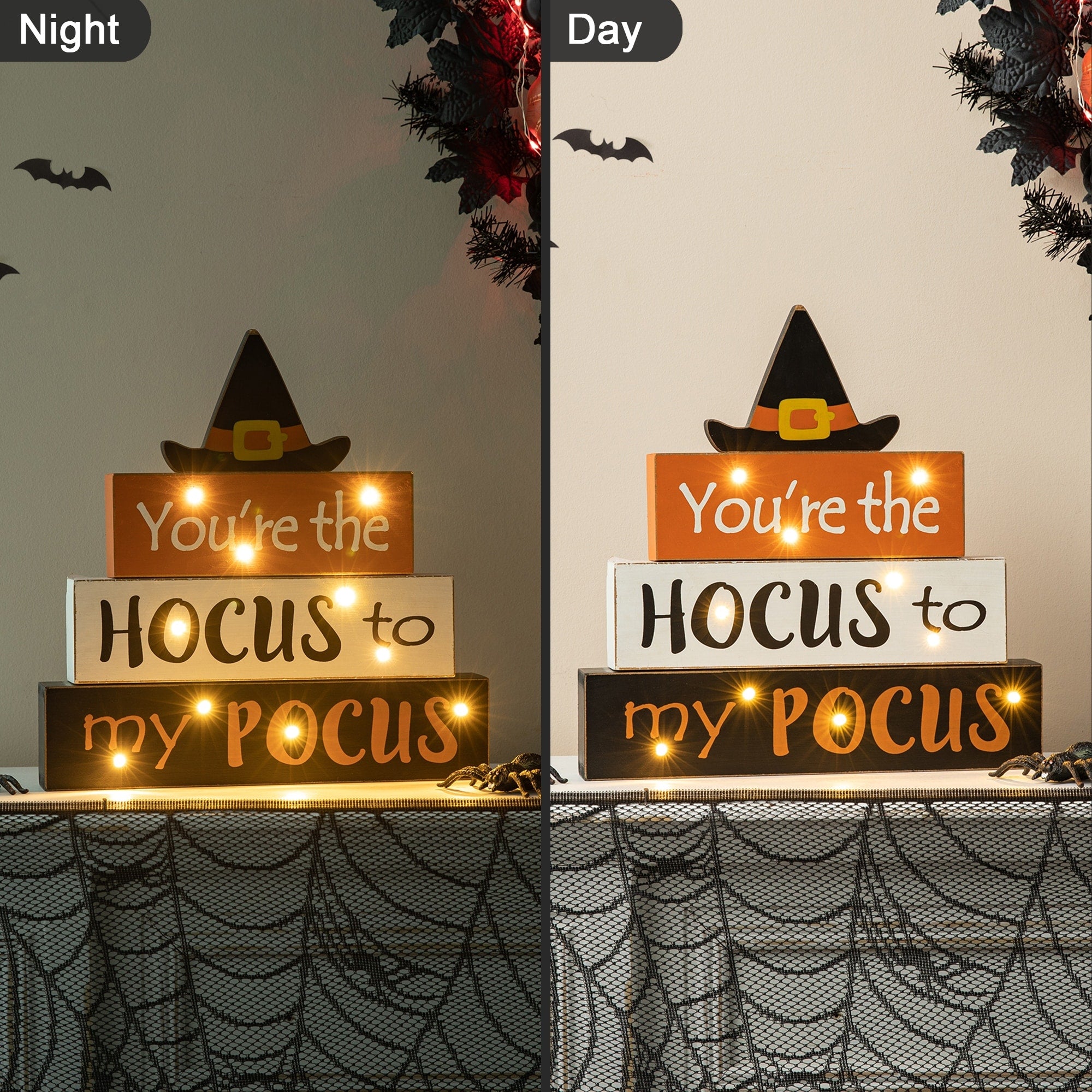 Glitzhome Halloween Wooden Lighted Witch Or Word Block Table Decor Multi