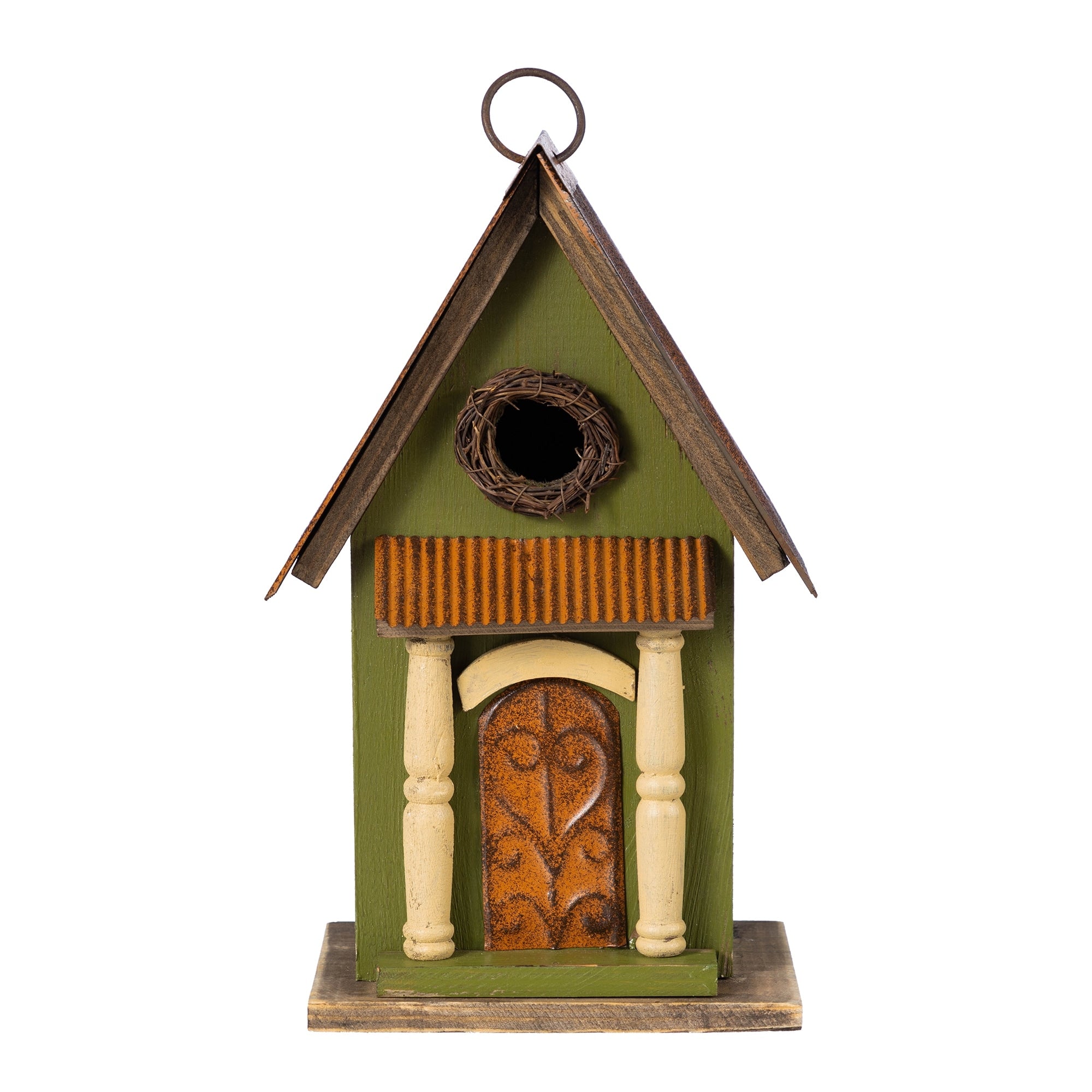 Glitzhome Green Hand Painted Distressed Wooden Decorative Birdhouse