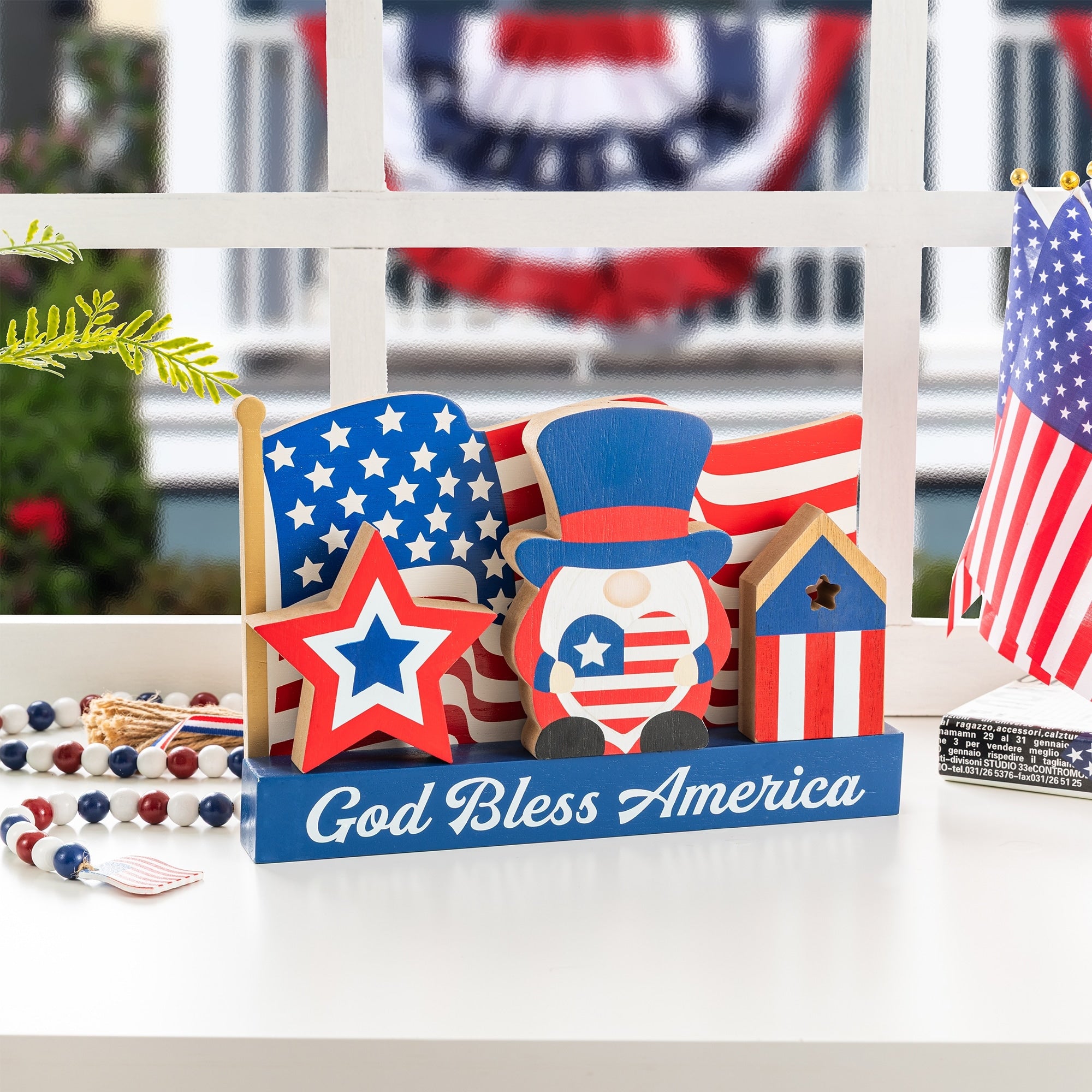 Glitzhome 11.75 L Patriotic Americana Wooden Block Table Decor