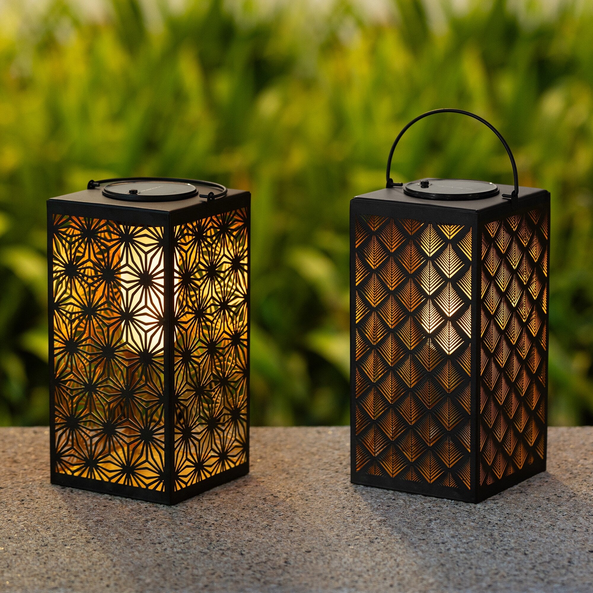 Glitzhome 11 H Black Metal Cutout Or Square Textured Glass Pattern Solar Powered Hanging Lantern With Led Light