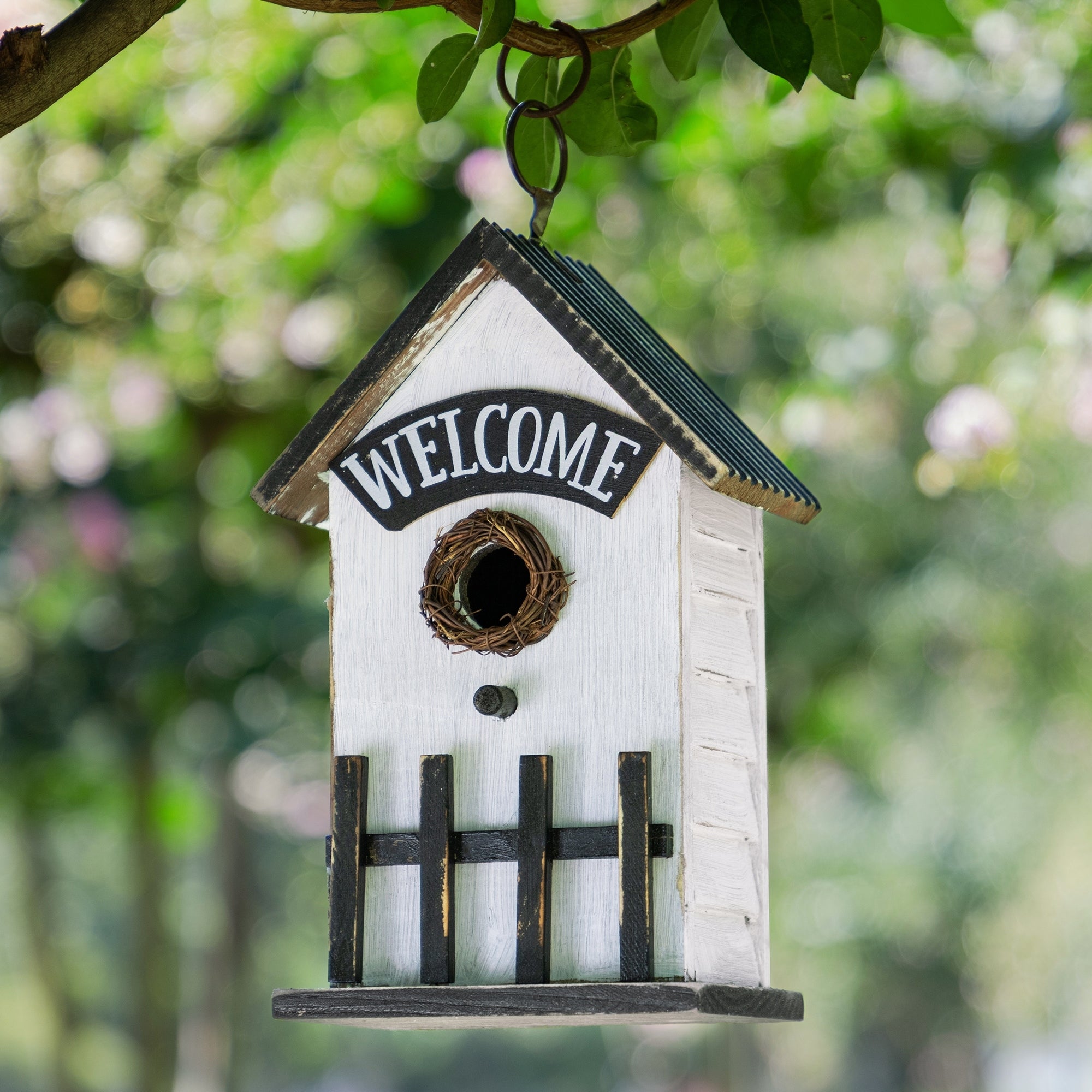 Glitzhome 11 H Washed White Solid Wood Fence Outdoor Garden Birdhouse