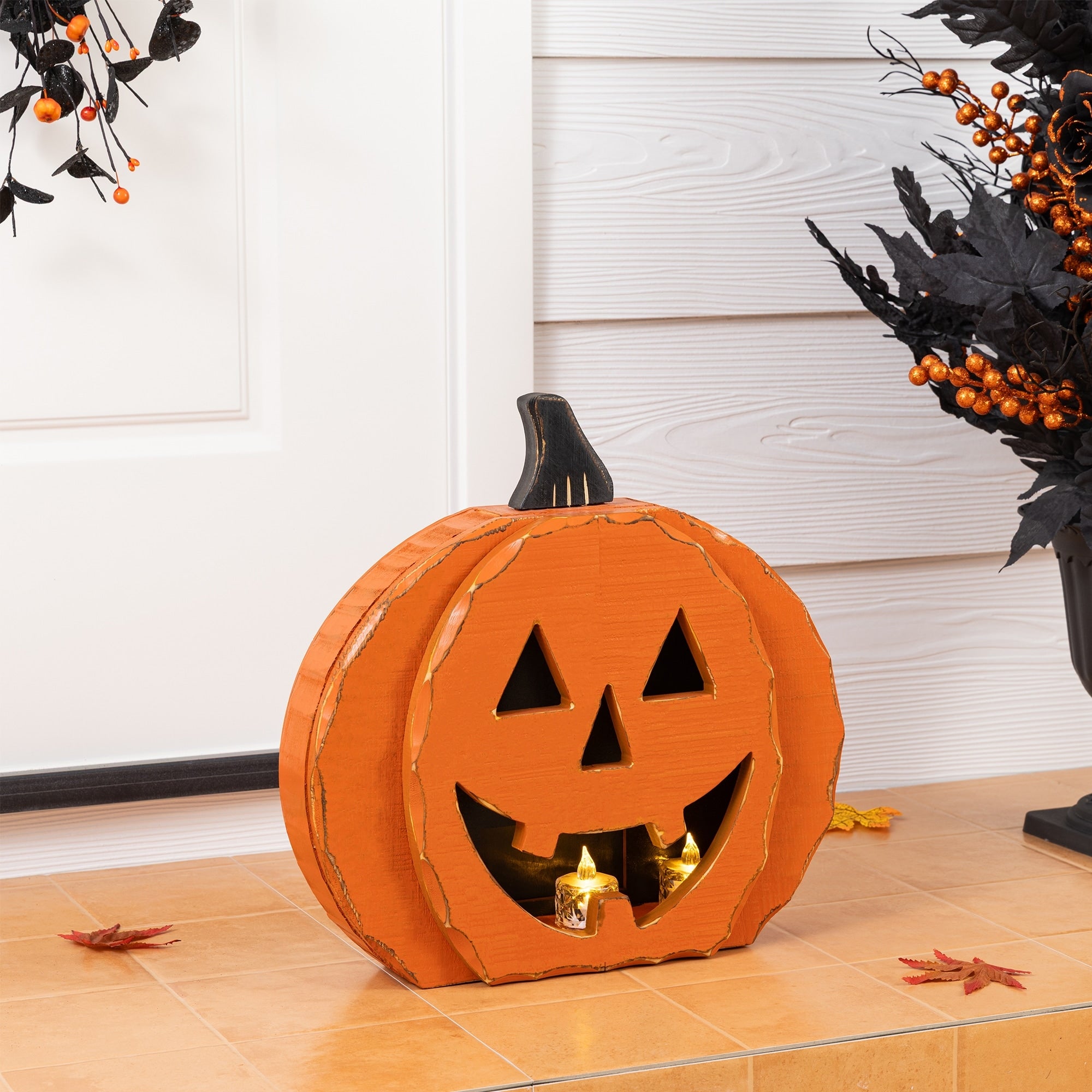 Glitzhome 14.25 L Halloween Chunky Wood Jack O Lantern Porch Decor