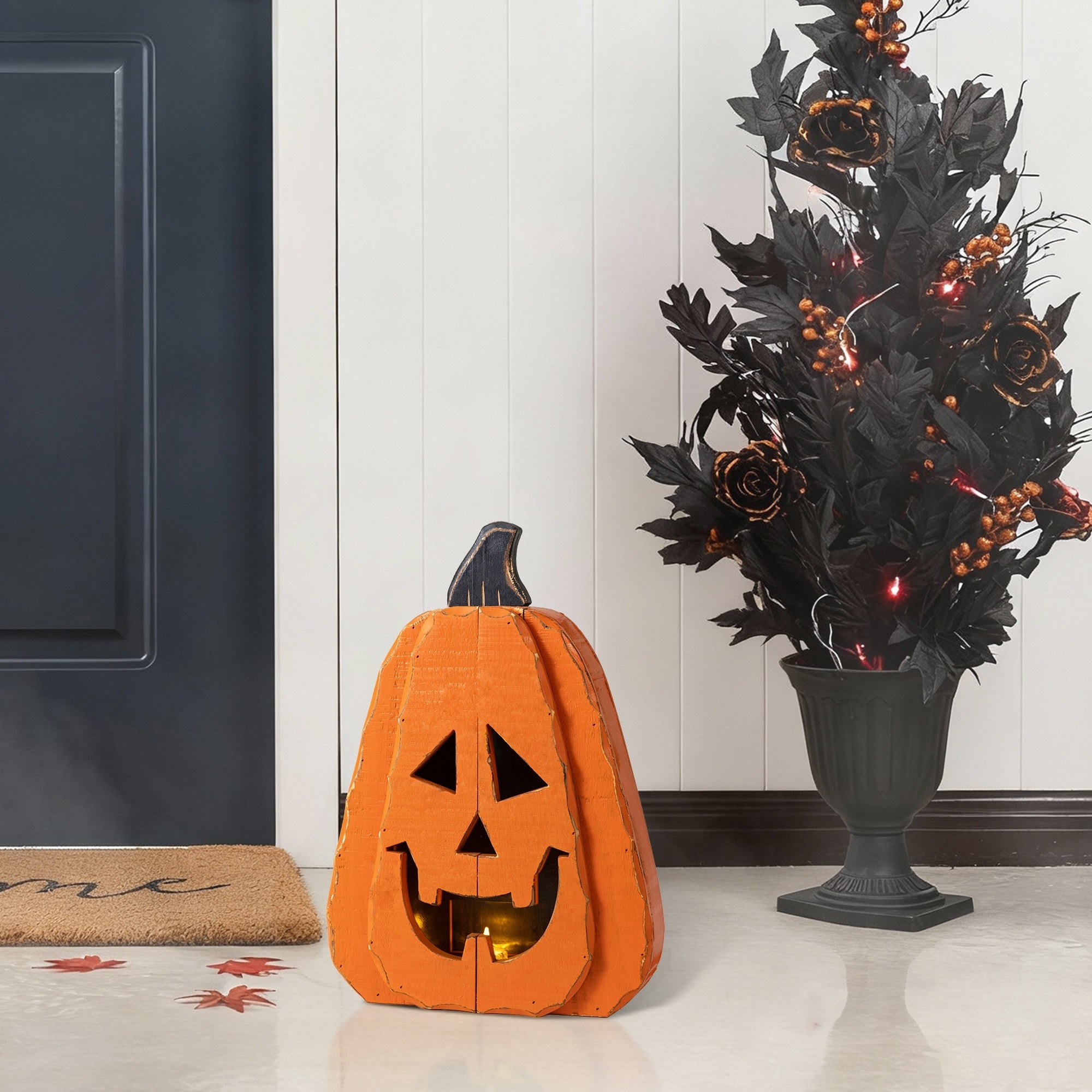 Glitzhome 17.5 H Halloween Chunky Wood Jack O Lantern Porch Decor
