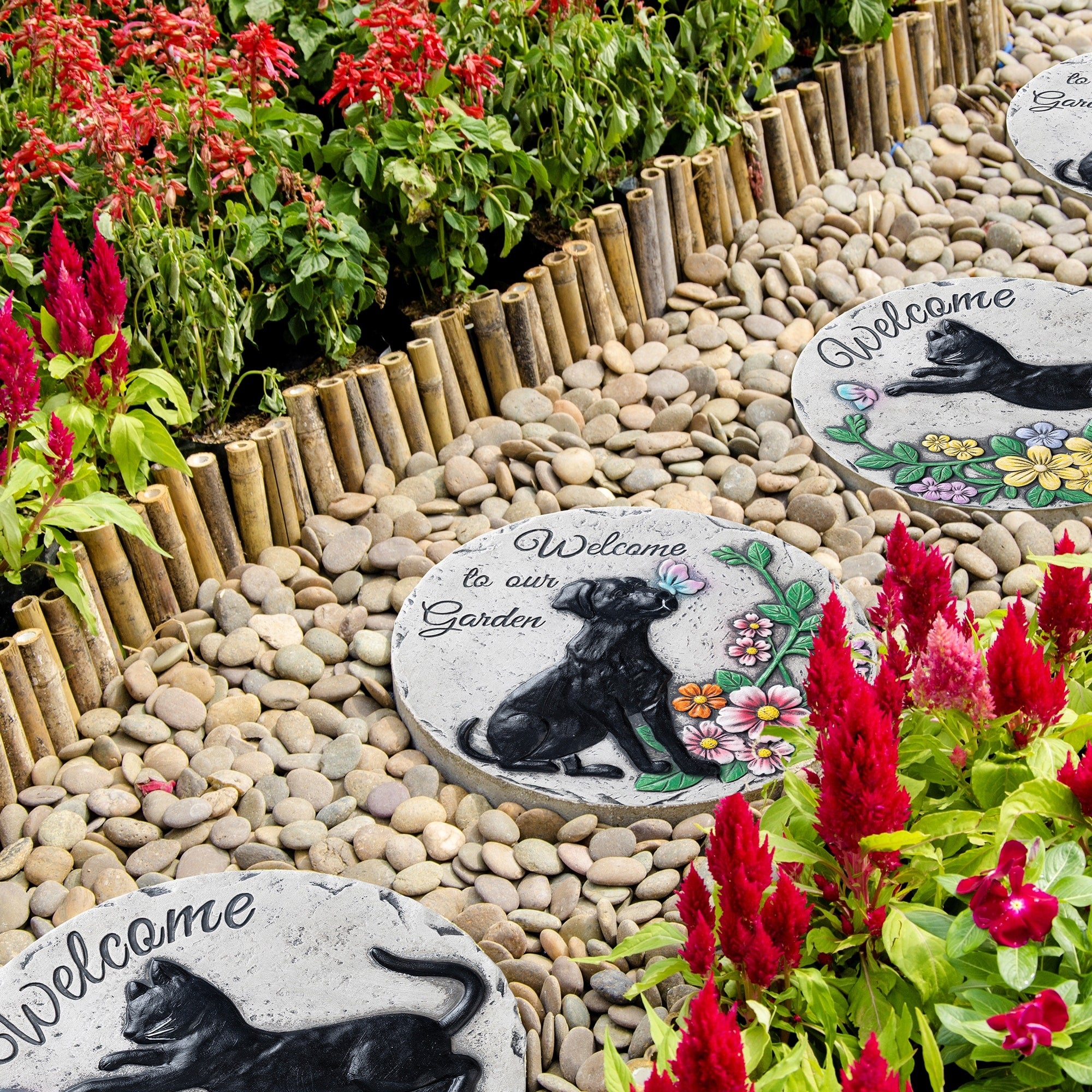 Glitzhome 2 Piece Cement Cat And Dog Textured Stepping Stones Garden Decor 10 In