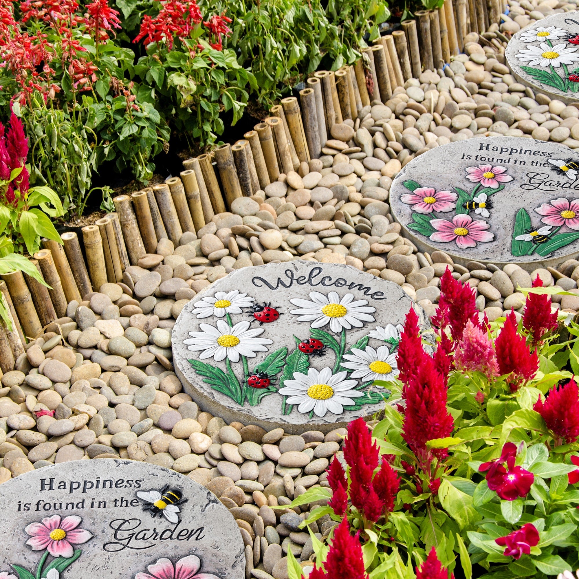 Glitzhome 2 Piece Cement Flower Textured Stepping Stones Garden Decor 10 In