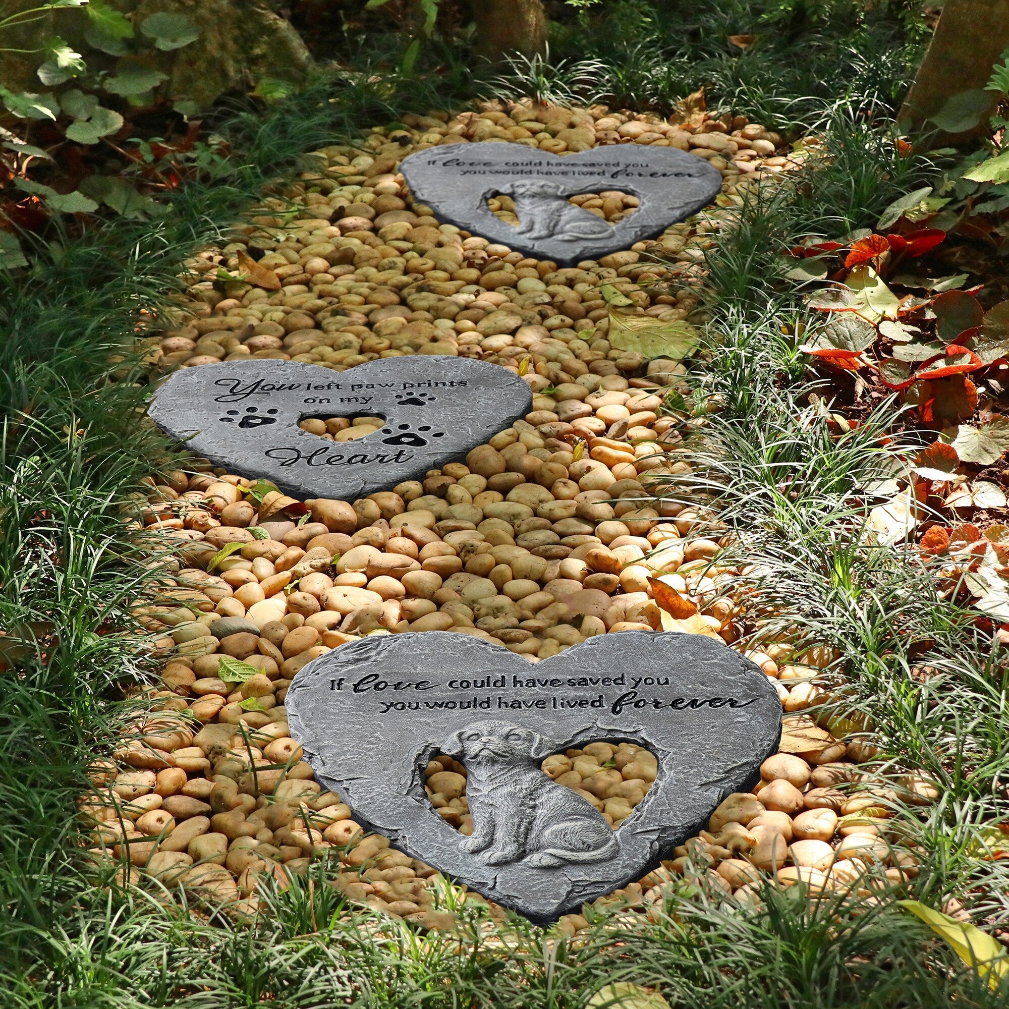 Glitzhome 2 Piece Cement Heart Shaped Paw Prints And Dog Memory Stepping Stones 10 In