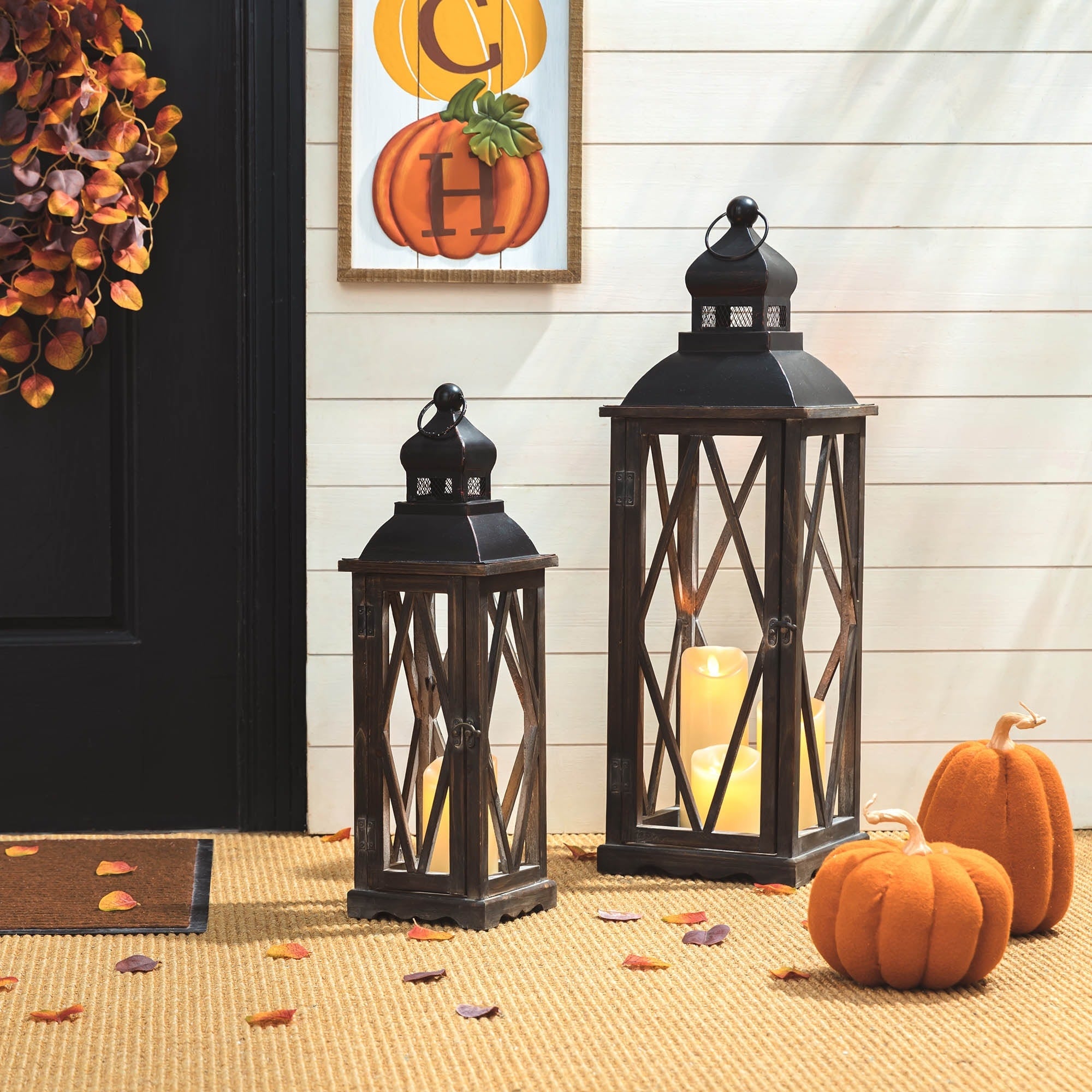 Glitzhome Set Of 2 Farmhouse Wood Metal Lanterns