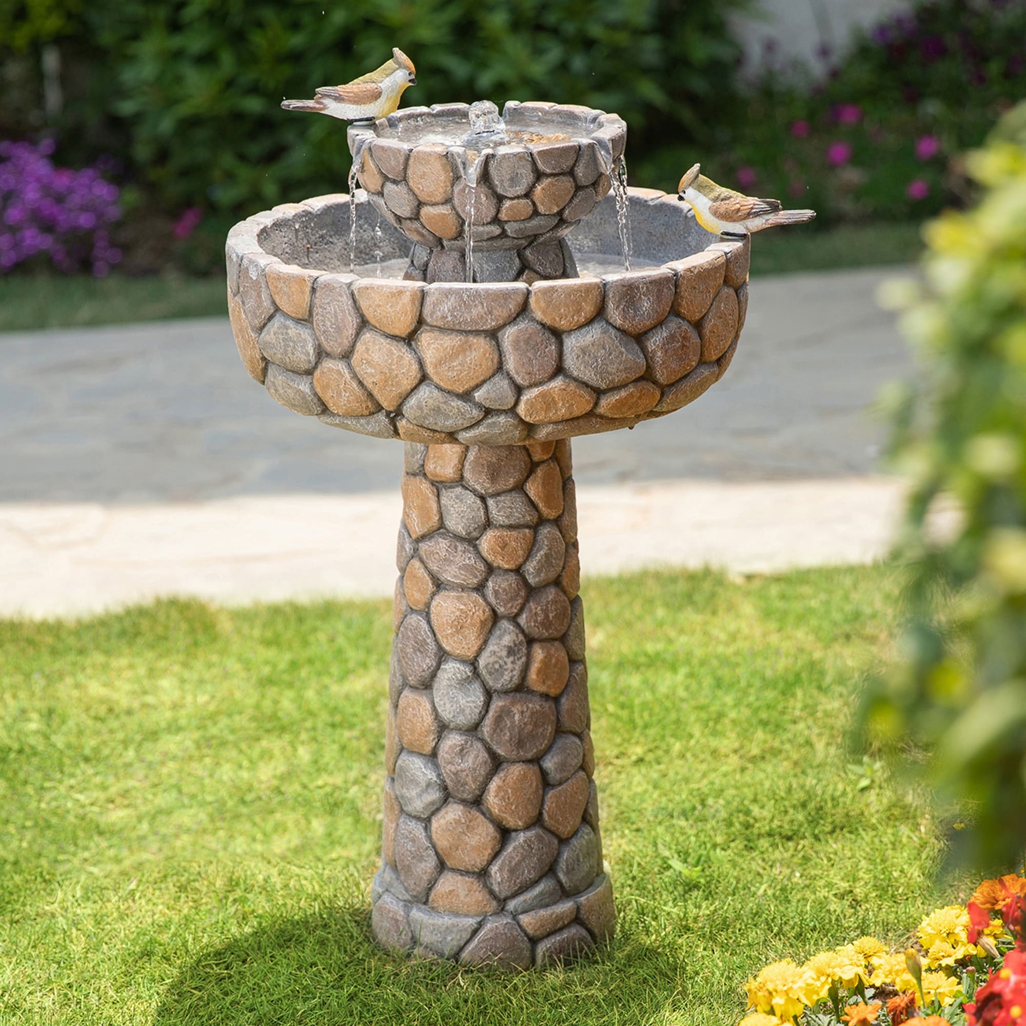 Glitzhome 24.4 H Outdoor 2 Tierd Stone Like Birdbath Fountain