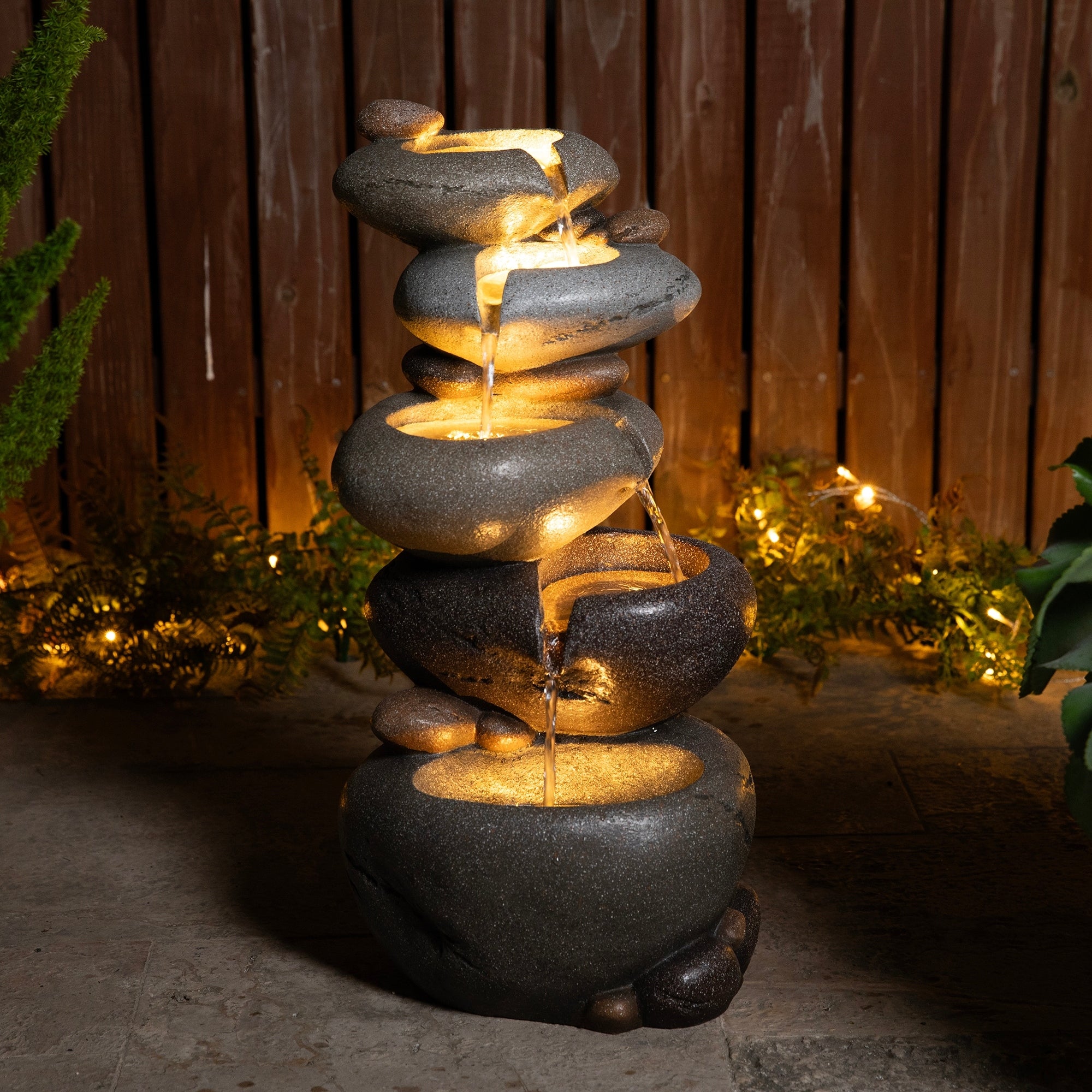 Glitzhome 24.5 H 5 Tiered Zen Style Stacked Pebbles Polyresin Outdoor Fountain With Pump And Led Light