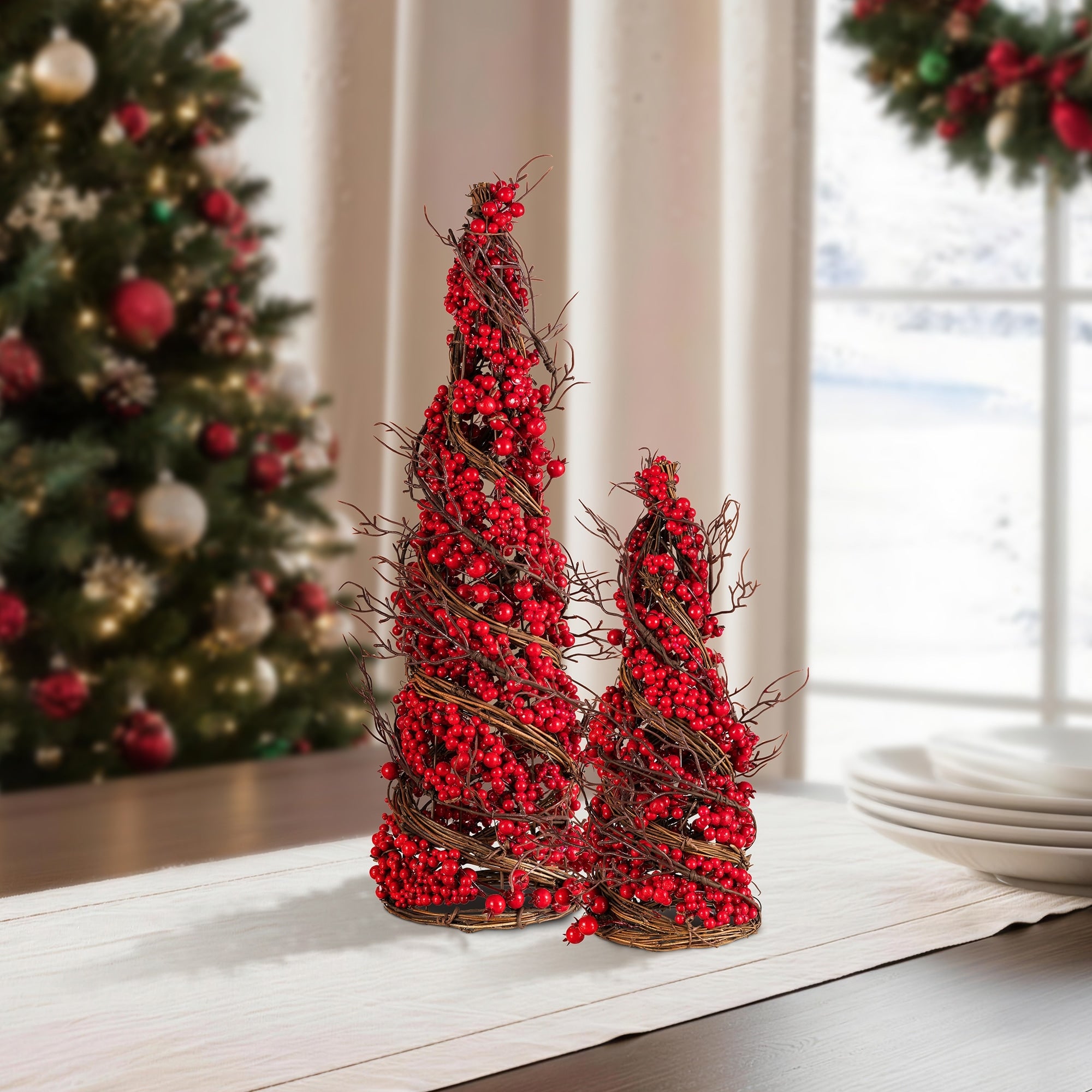 Glitzhome 24 16 H Set Of 2 Christmas Red Berry Rattan Table Tree